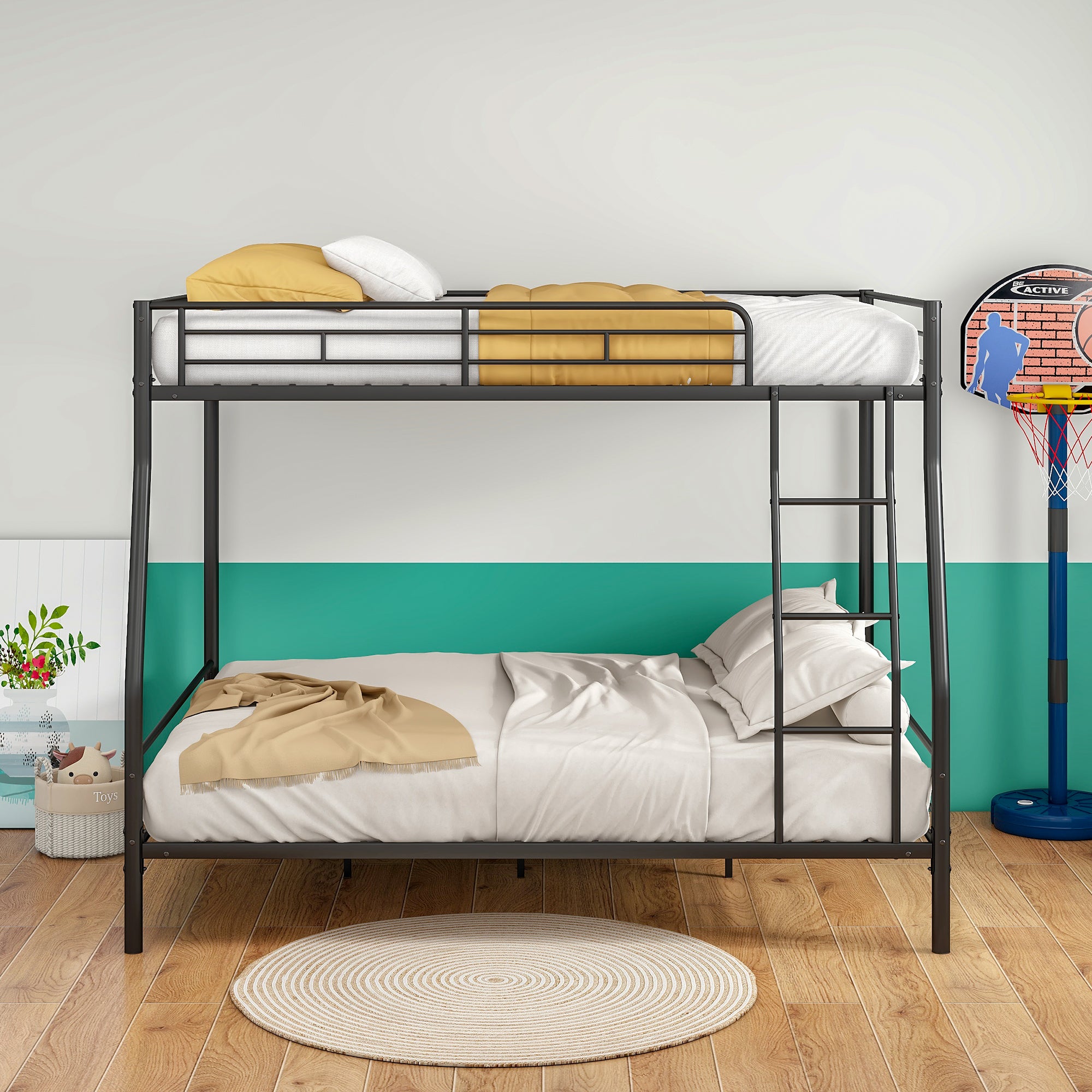 Uiowio Full Over Queen Heavy Duty Metal Bunk Bed with Built-in Ladder & Safety Guardrail, Space-Saving Bunk Beds Frame with Storage for Bedroom & Dorm Room, Black