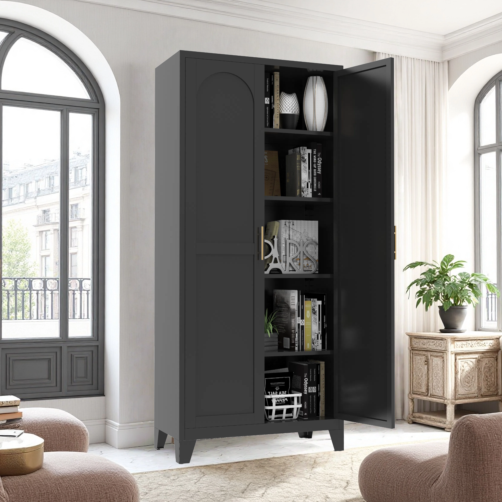 Uiowio 71" Height Metal Storage Cabinet, Modern Tall Steel Pantry Cupboard with 2 Shapely Doors and Adjustable Shelves for Kitchen Garage and Home,Black