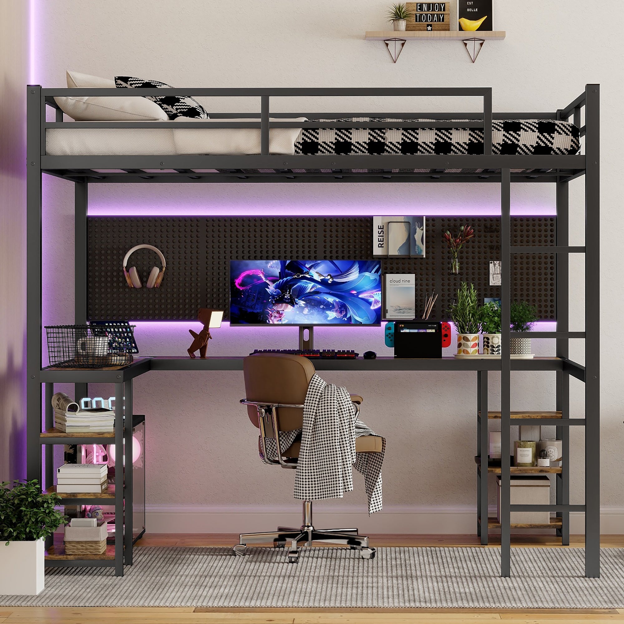 Uiowio Full XL Metal Loft Bed with L-Shaped Desk Underneath & 6 Shelves & Storage, Space-Saving Bed Frame with Built-in Ladder & Safety Guardrail, for Teens