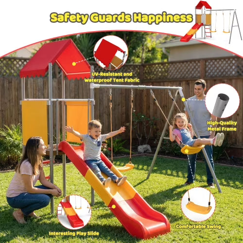 Kdymod Swing Sets for Backyard, Heavy Duty Outdoor Playset with Slide, 2 Swing Seats, Canopy Roof & Flat-Step Ladder, Kids Playground Set for Ages 3-8