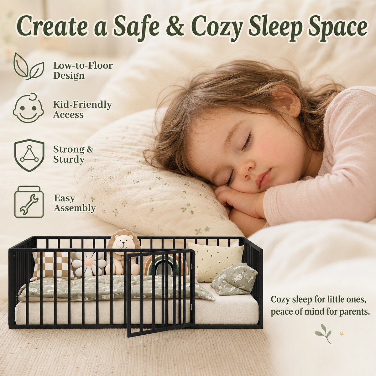 Kdymod Twin Size Montessori Floor Bed for Toddler with Safety Guardrail & Door, Low-to-Floor Metal Bed Frame, Easy Assembly, Safe Play-Sleep Zone, No Box Spring Needed, Black
