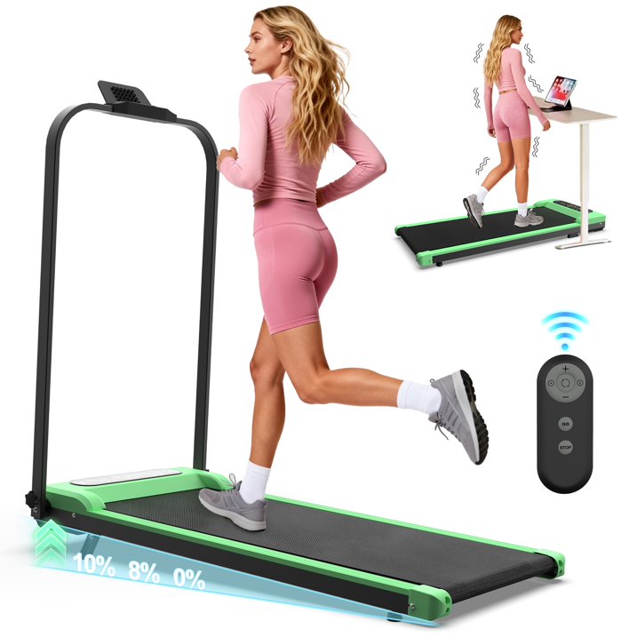 Kdymod Foldable Treadmill with Vibration Function,2 in 1 Walking Treadmill with Handle Bar & Incline,Under Desk Walking Pad with LED Display & Remote,300 Lbs Capacity,Green