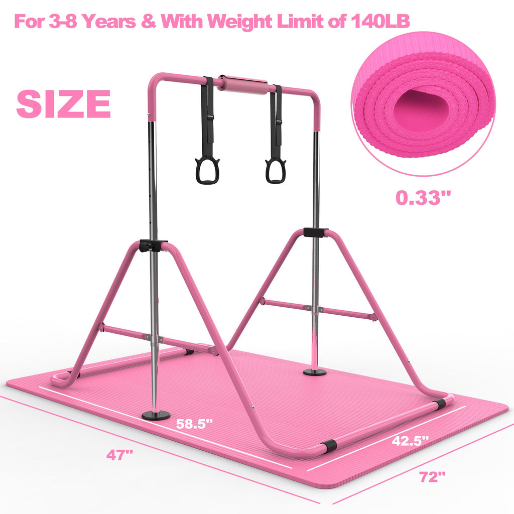 Kdymod Gymnastics Bar for Kid,Adjustable Height Kids Gymnastics Bar with Mat,Foldable Horizontal Junior Gymnastics Equipment Bar for Home Gym,Pink
