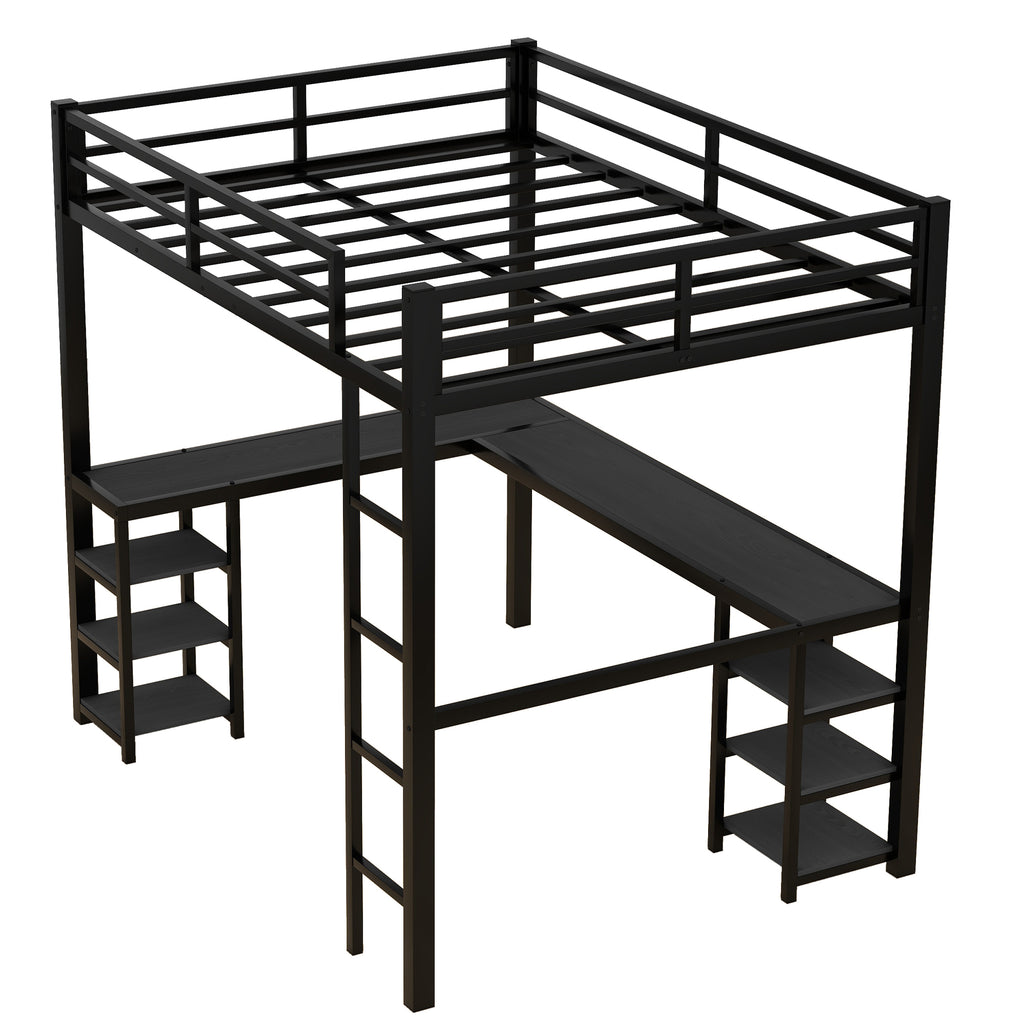 Uiowio Full Metal Loft Bed with L-Shaped Desk Underneath & 6 Shelves & Storage, Space-Saving Bed Frame with Built-in Ladder & Safety Guardrail, for Teens