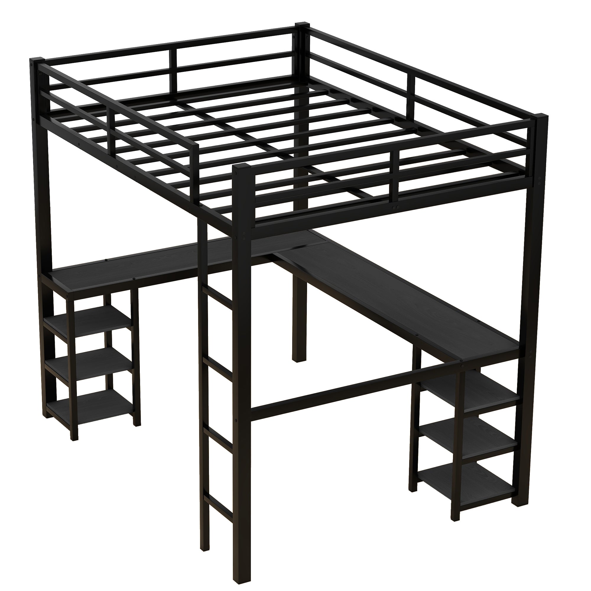 Uiowio Full Metal Loft Bed with L-Shaped Desk Underneath & 6 Shelves & Storage, Space-Saving Bed Frame with Built-in Ladder & Safety Guardrail, for Teens