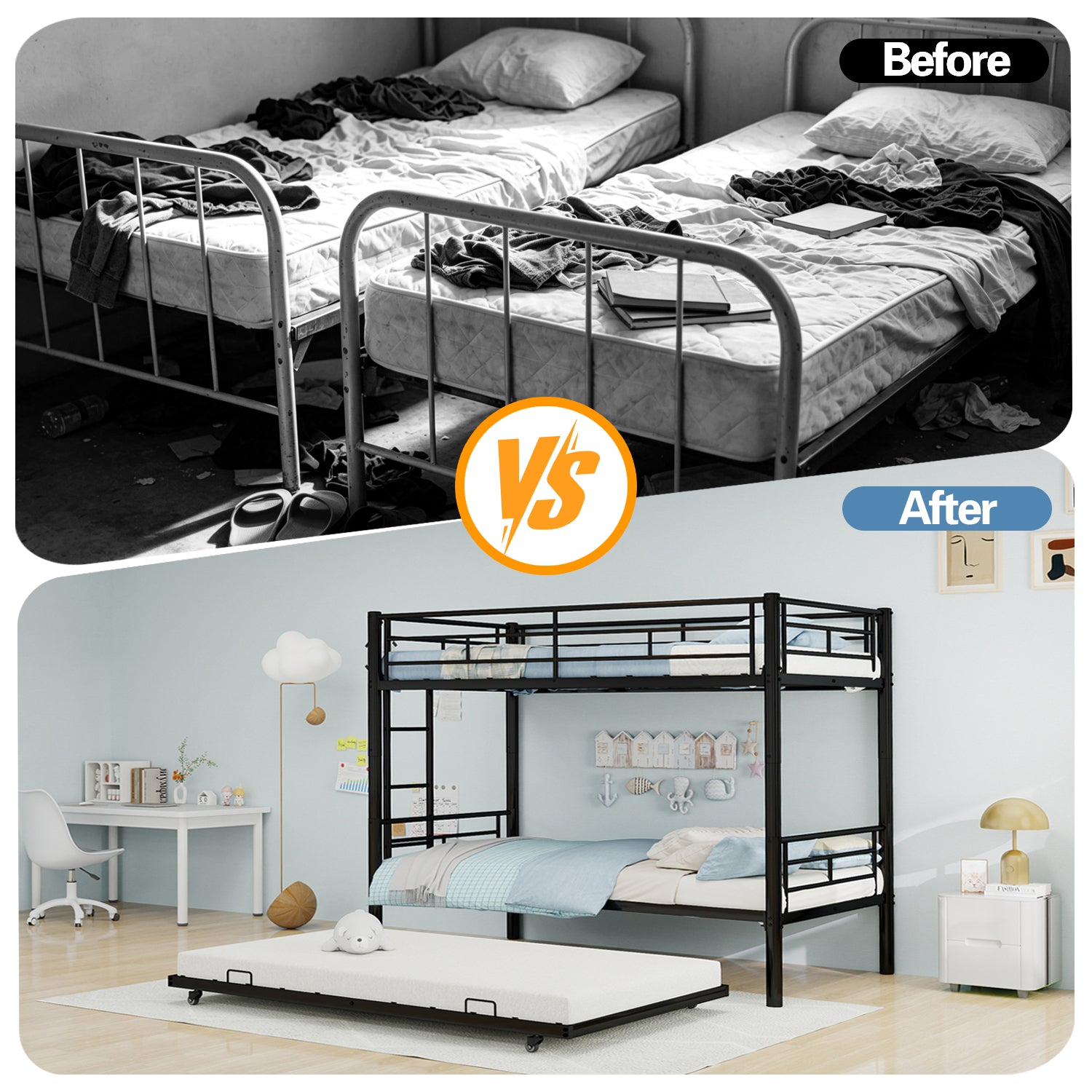 Kdymod Triple Bunk Bed Twin over Twin with Twin Trundle, Bunk Bed with Convertible 2-in-1 Design, Metal Bunk Bed Frame with Ladder & Safety Guardrail, Space-Saving for Teens and Adults, Black