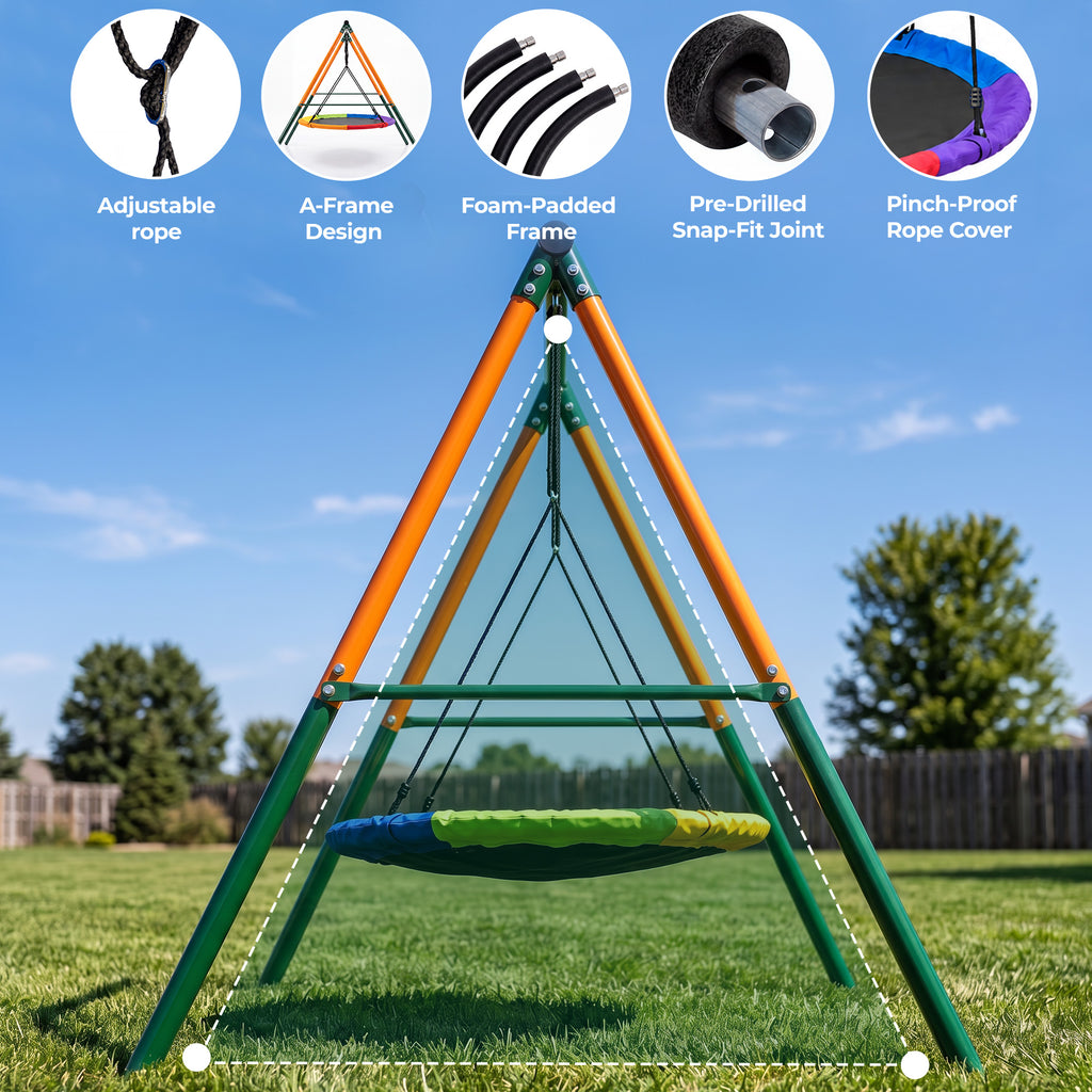 Mersco 48"Swing Set for Backyard with Stand,440 LBS Saucer Swing for Kids Outdoor with Heavy-Duty Metal Frame & Adjustable Ropes Round Swing,Green