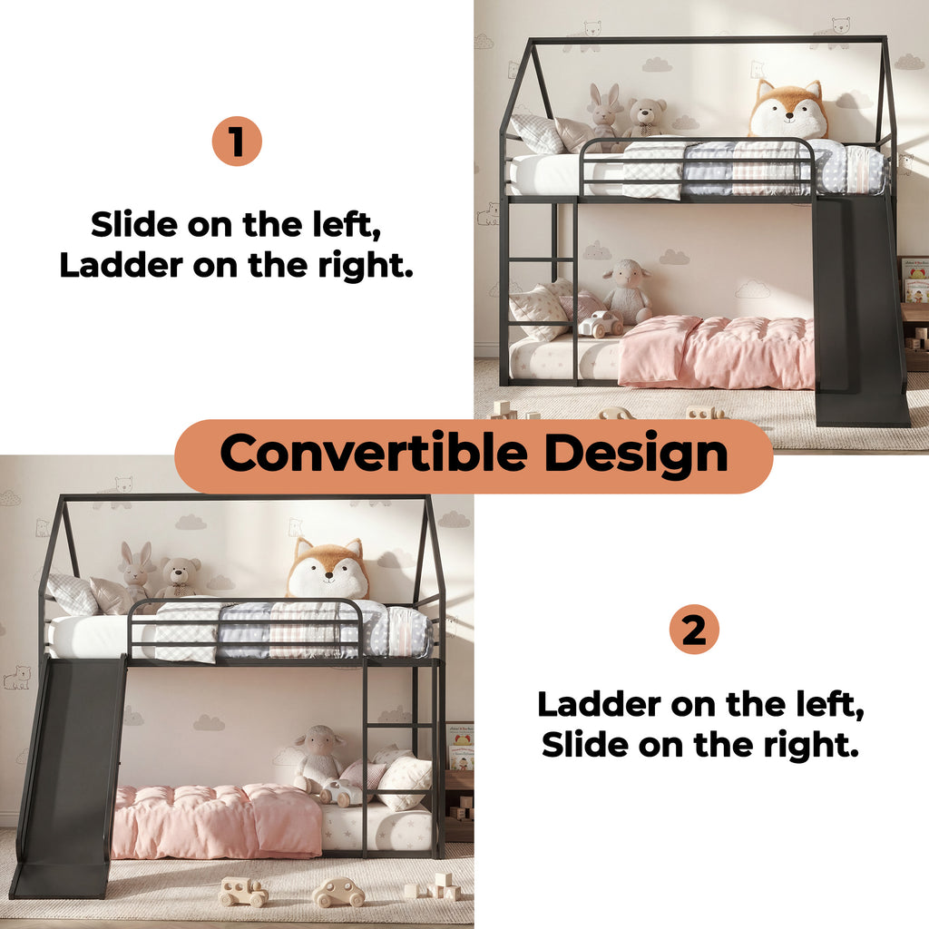 Uiowio Twin over Twin Bunk Bed with Stairs, Floor Bunk Bed Frame with Convertible Slide, Heavy Duty Metal Low Bed with House Shape and Roof, Black