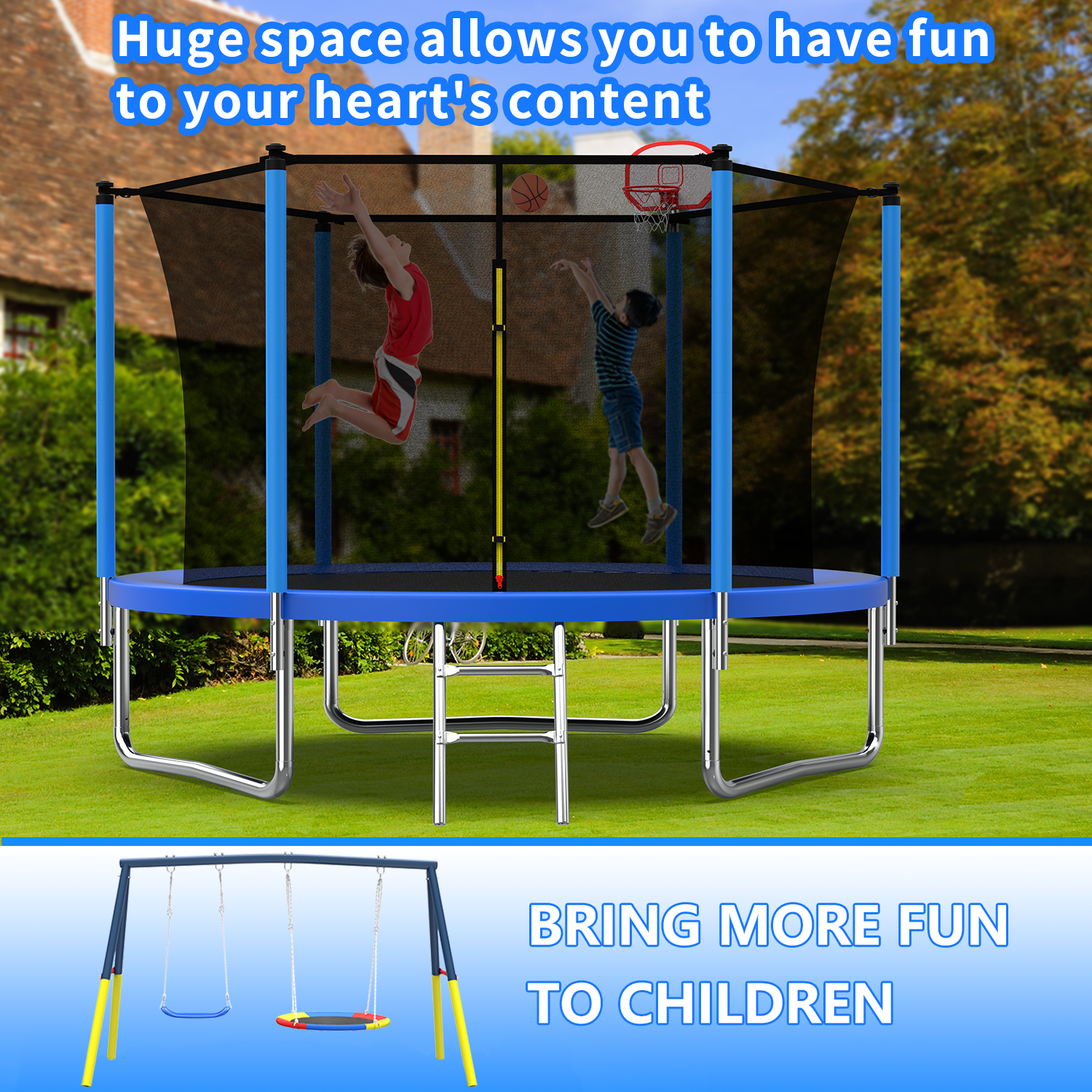 Mersco 10FT Heavy Duty Trampoline with Enclosure Net , Swing Set Outdoor Big Trampoline for Backyard,Kids Trampoline with Basketball Hoop,Birthday and Holiday Gifts for Kids,Blue