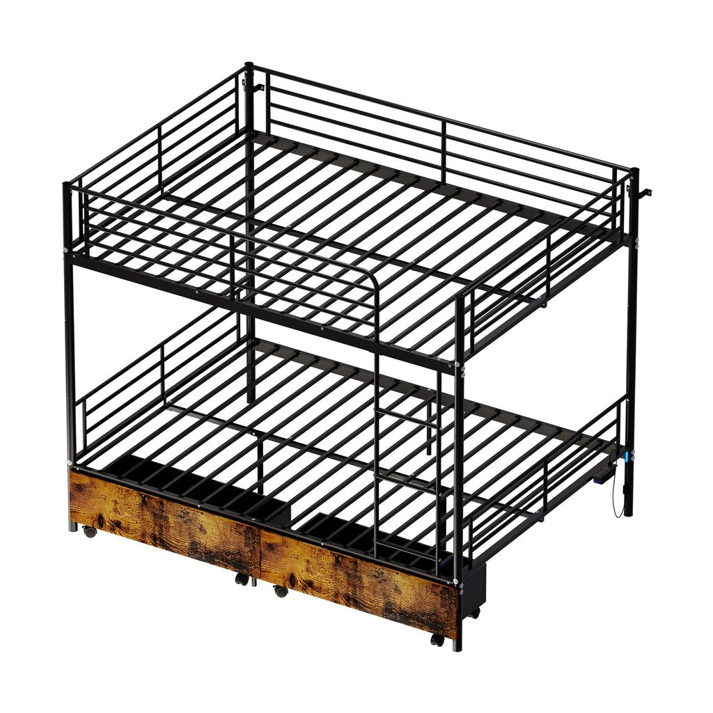 Kdymod Full over Full Metal Bunk Bed with Storage Drawers, Heavy Duty Bed Frame Converts to 2 Separate Beds with Safety Guardrail & Built-in Ladder, LED Lights & Charging Station, Black