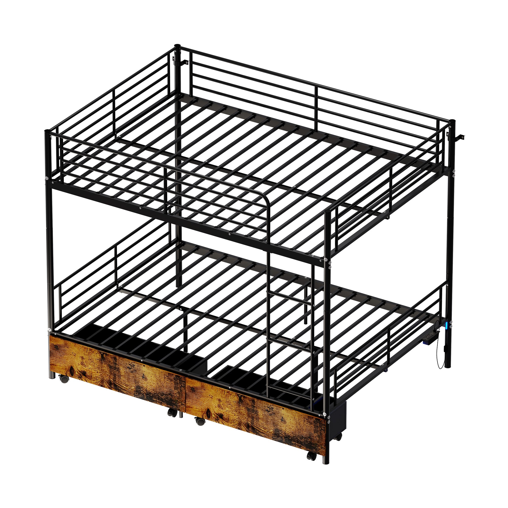 Kdymod Full over Full Metal Bunk Bed with Storage Drawers, Heavy Duty Bed Frame Converts to 2 Separate Beds with Safety Guardrail & Built-in Ladder, LED Lights & Charging Station, Black