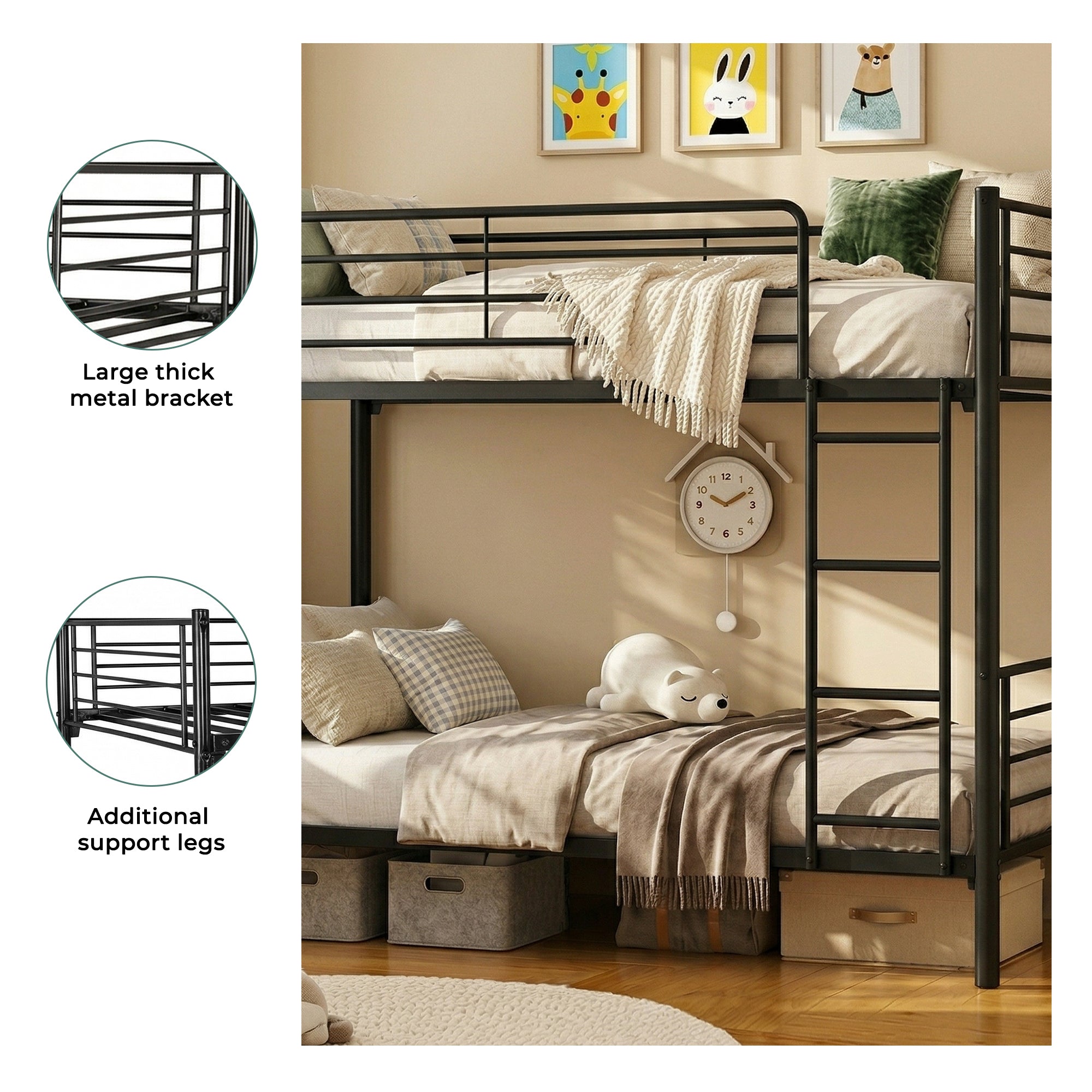 Uiowio Twin over Twin Metal Bunk Bed with Built-in Ladder & Safety Guardrail, Space-Saving Bunk Beds Frame with Storage for Bedroom & Dorm Room, Black