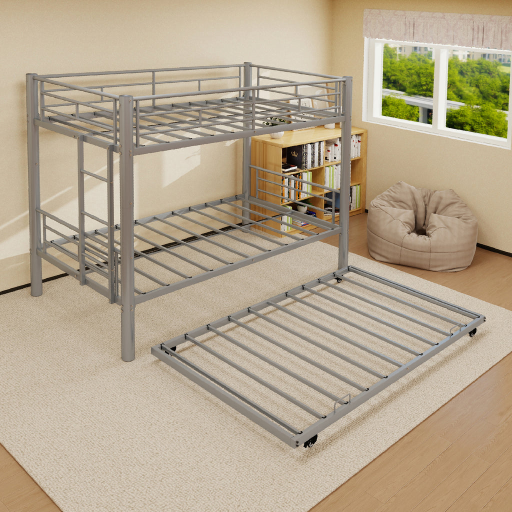 Kdymod Triple Bunk Bed Twin over Twin with Trundle, Convertible Metal Bunk Bed Frame with Ladder & Safety Guardrail, Space-Saving for Teens and Adults, Bedroom Dorm, Silver