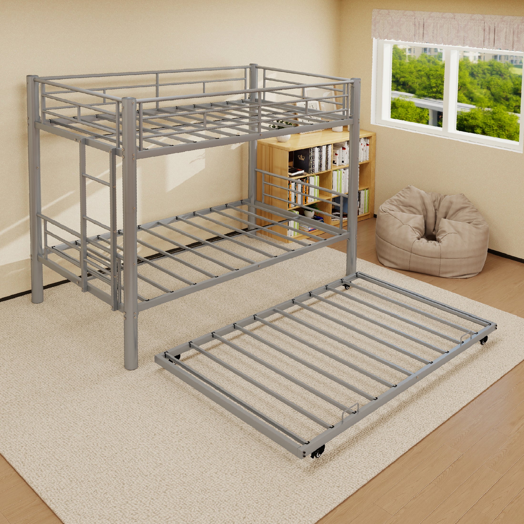Kdymod Triple Bunk Bed Twin over Twin with Trundle, Convertible Metal Bunk Bed Frame with Ladder & Safety Guardrail, Space-Saving for Teens and Adults, Bedroom Dorm, Silver