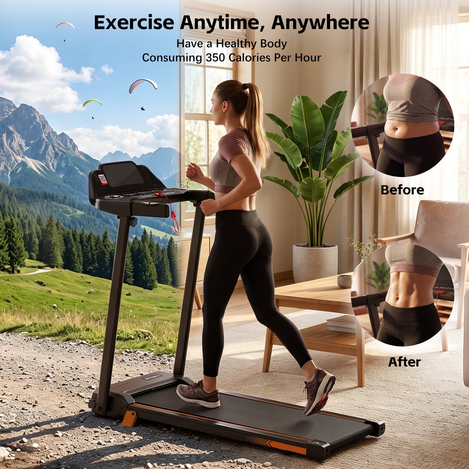 Cirui Walking Pad Treadmills with Handle , 4-in-1 Portable 14% Incline Under Desk Treadmill with APP, 300 LBS Capacity Folding Treadmill with 3.5 HP Quiet Brushless for Home and Office，Black