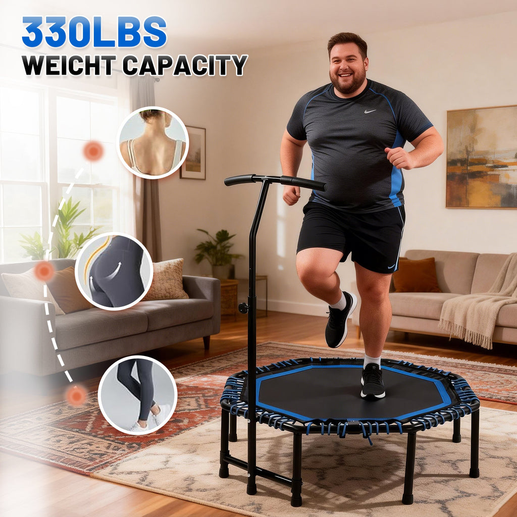Mersco 48'' Foldable Fitness Trampoline With Adjustable Handlebar for Adults, 450LBS Indoor Sports Trampoline With Durable Bungee Ropes,Quiet Exercise Rebounder for Cardio and Strength Training ,Blue