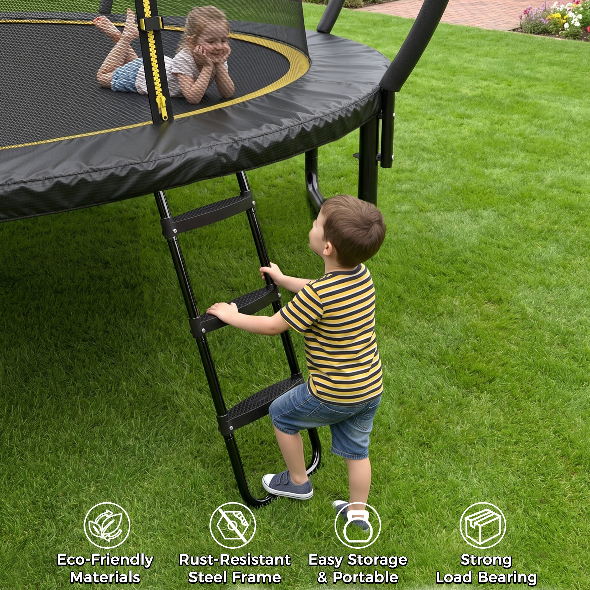 Mersco Weather Resistant Galvanized Steel 3 Step Trampoline Ladder with Wide Skid-Proof Steps Trampoline Climbing Trampoline Safety Ladder with Anti-Slip for Kids,Essential Trampoline Accessories