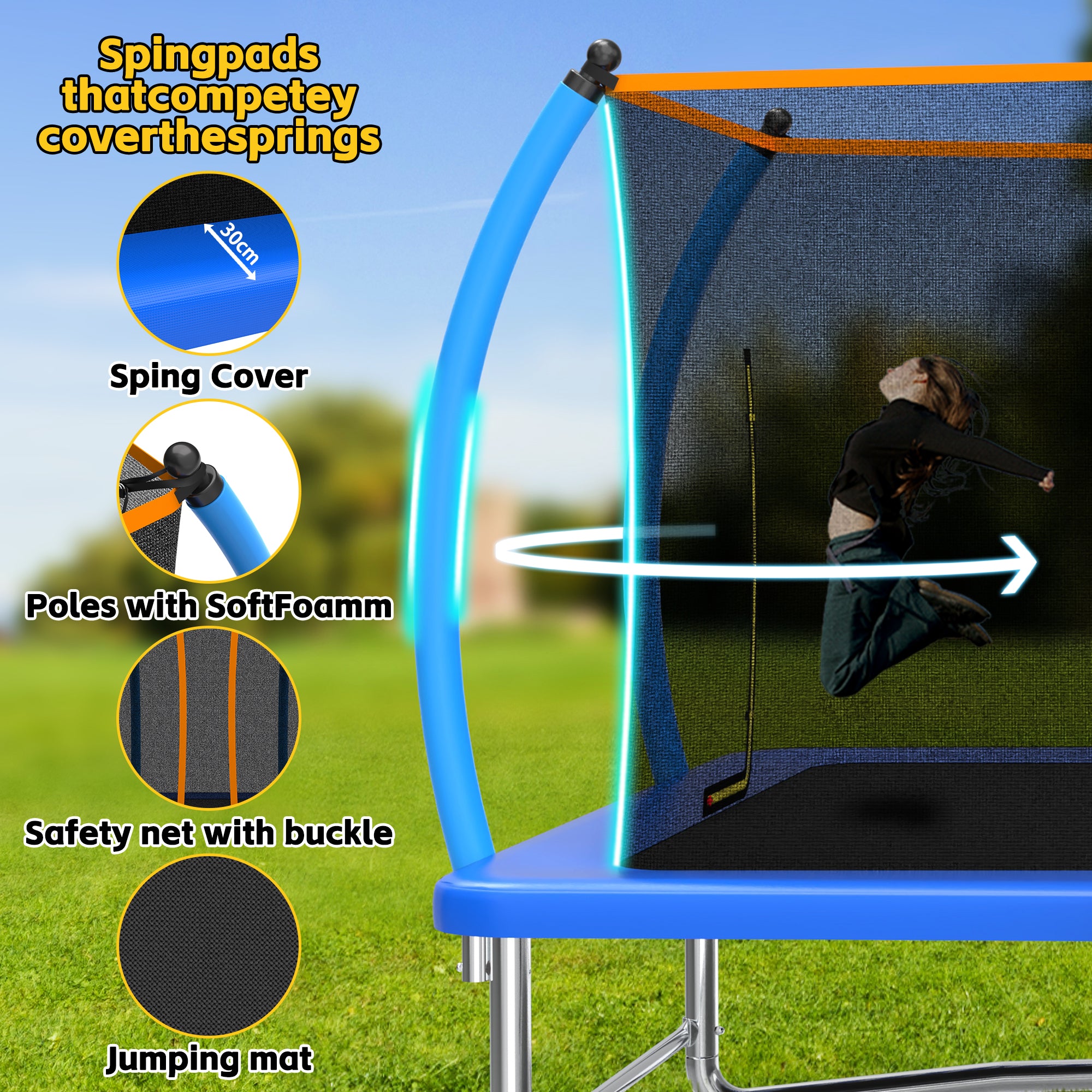 Mersco 10x16FT 4-in-1 Trampoline with Swing Set , Enclosure Net, Recreational Trampoline, Outdoor Kids and Adults Trampoline for Backyard, Beach, Birthday Gifts ,Blue