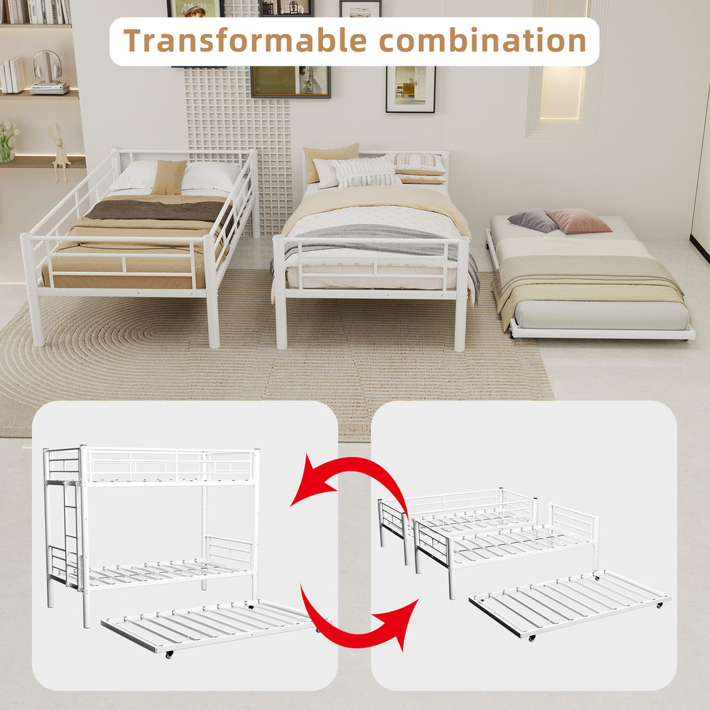Uiowio Triple Bunk Bed Twin over Twin with Trundle,Triple Twin Bunk Bed with Ladder & Guardrail,Metal Convertible Triple Bunk Bed Frame for Teen & Adult,Bedroom,Dorm,White (Mattress not included)