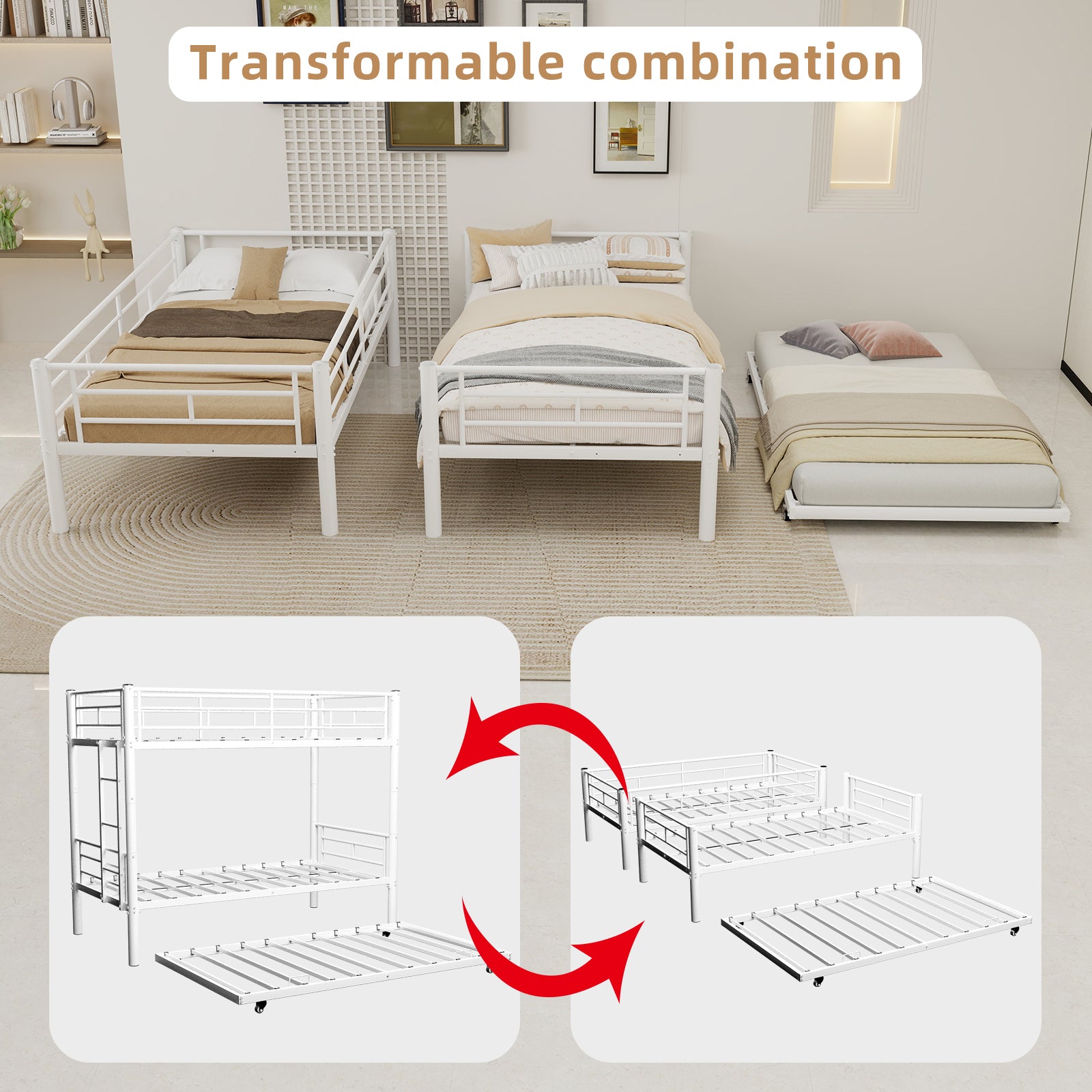 Uiowio Triple Bunk Bed Twin over Twin with Trundle,Triple Twin Bunk Bed with Ladder & Guardrail,Metal Convertible Triple Bunk Bed Frame for Teen & Adult,Bedroom,Dorm,White (Mattress not included)