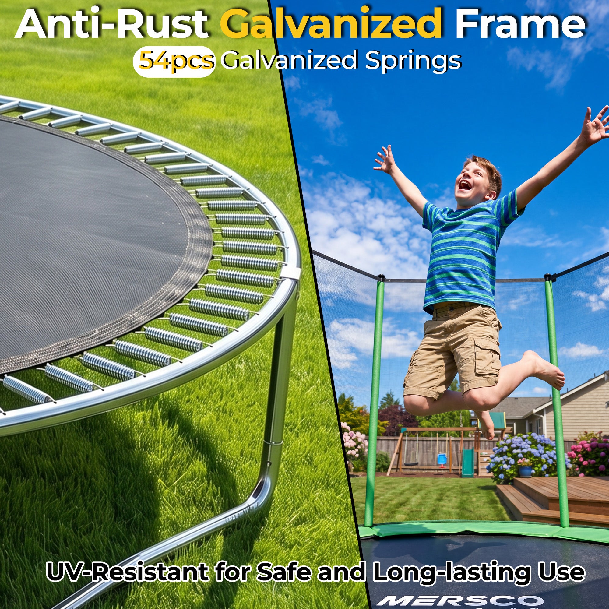 Mersco 10ft Trampoline for Kids,Outdoor Trampoline with Enclosure Net and Ladder,Upright-Poled Backyard Trampoline PLAY for Family Fun,Birthday Gifts,Green