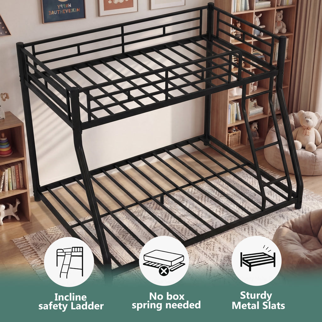 Netrum Twin over Full Bunk Bed for Teens Adults,Heavy Duty Metal Bunk Beds Frame with Ladder,Twin Full Size Bed Bunk Bed with Safe Guardrail for Small Rome,Black