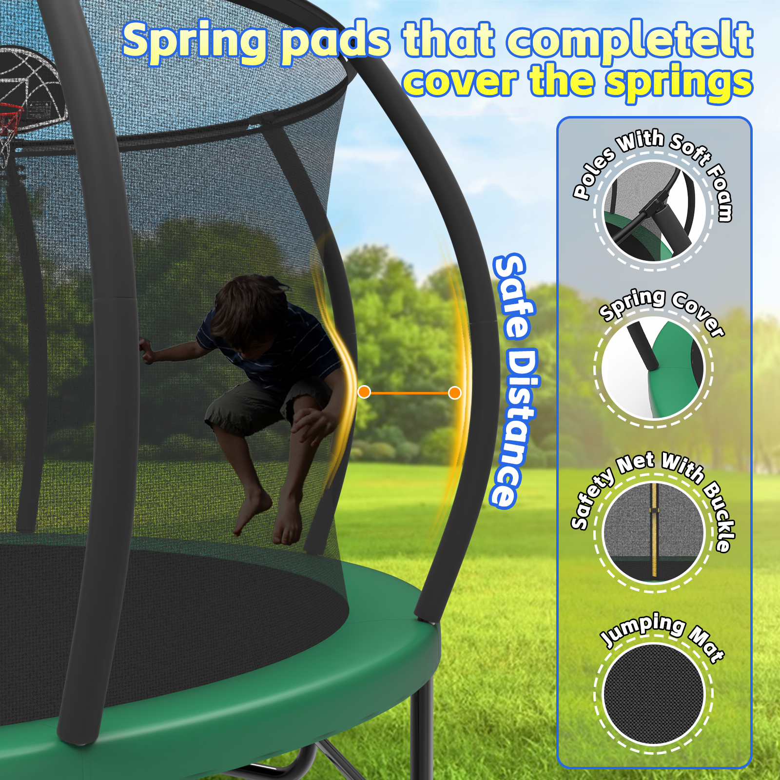 Mersco 14FT Heavy Duty Trampoline with Enclosure Net , Swing Set Outdoor Big Trampoline for Backyard, Kids Trampoline with Basketball Hoop, Kids Birthday and Festival Gifts,Green