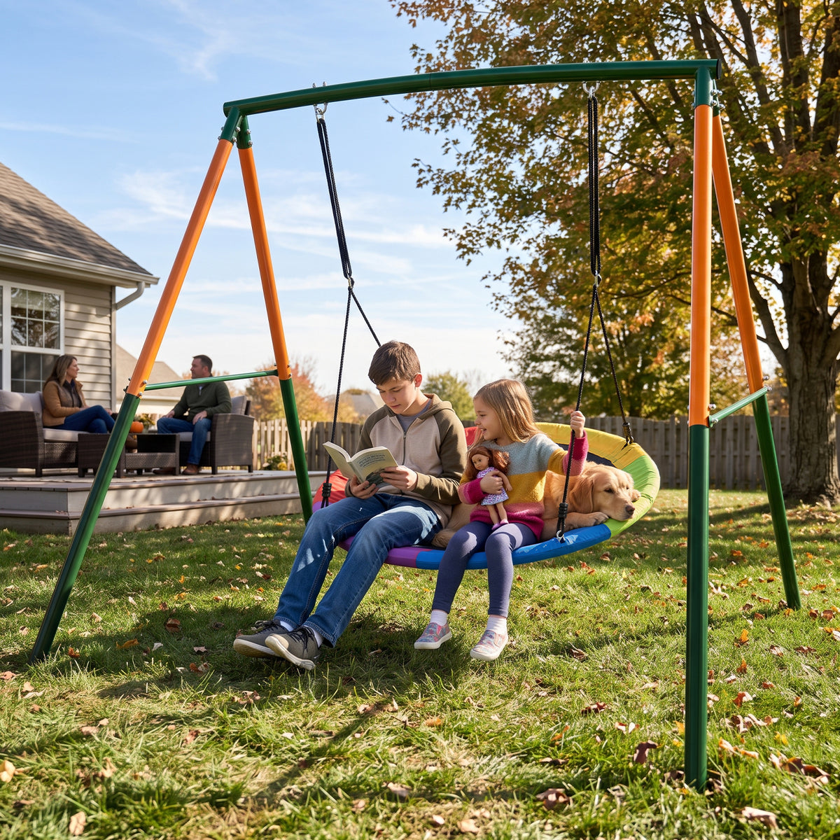 Kdymod 48" Saucer Swing Set, 900D Oxford Disc Seat, Heavy‑Duty Double A‑Frame Metal Swing Set for Backyard, Outdoor Playground for Kids 3‑10, Green
