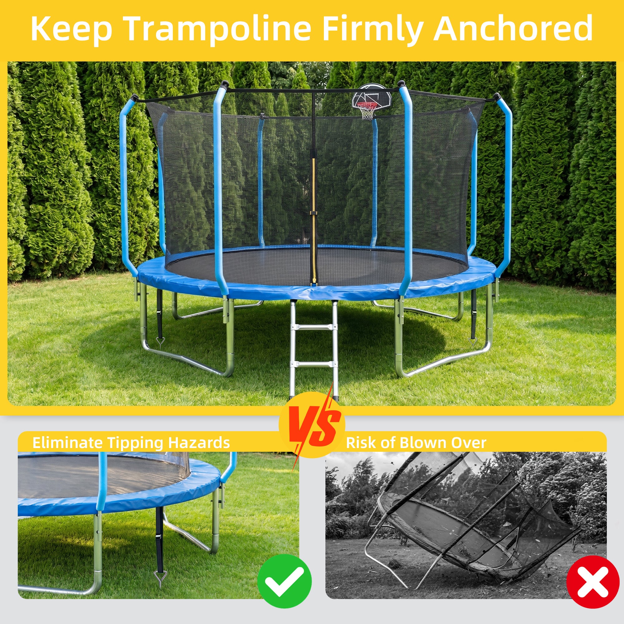 Mersco Trampoline Stakes Kit, Heavy Duty Trampoline Anchors Accessory,rampoline Corkscrew Shape Steel Stakes Anchor Kit for Trampolines Camping Tents-Set of 4 Bonus 4 Strong Belt