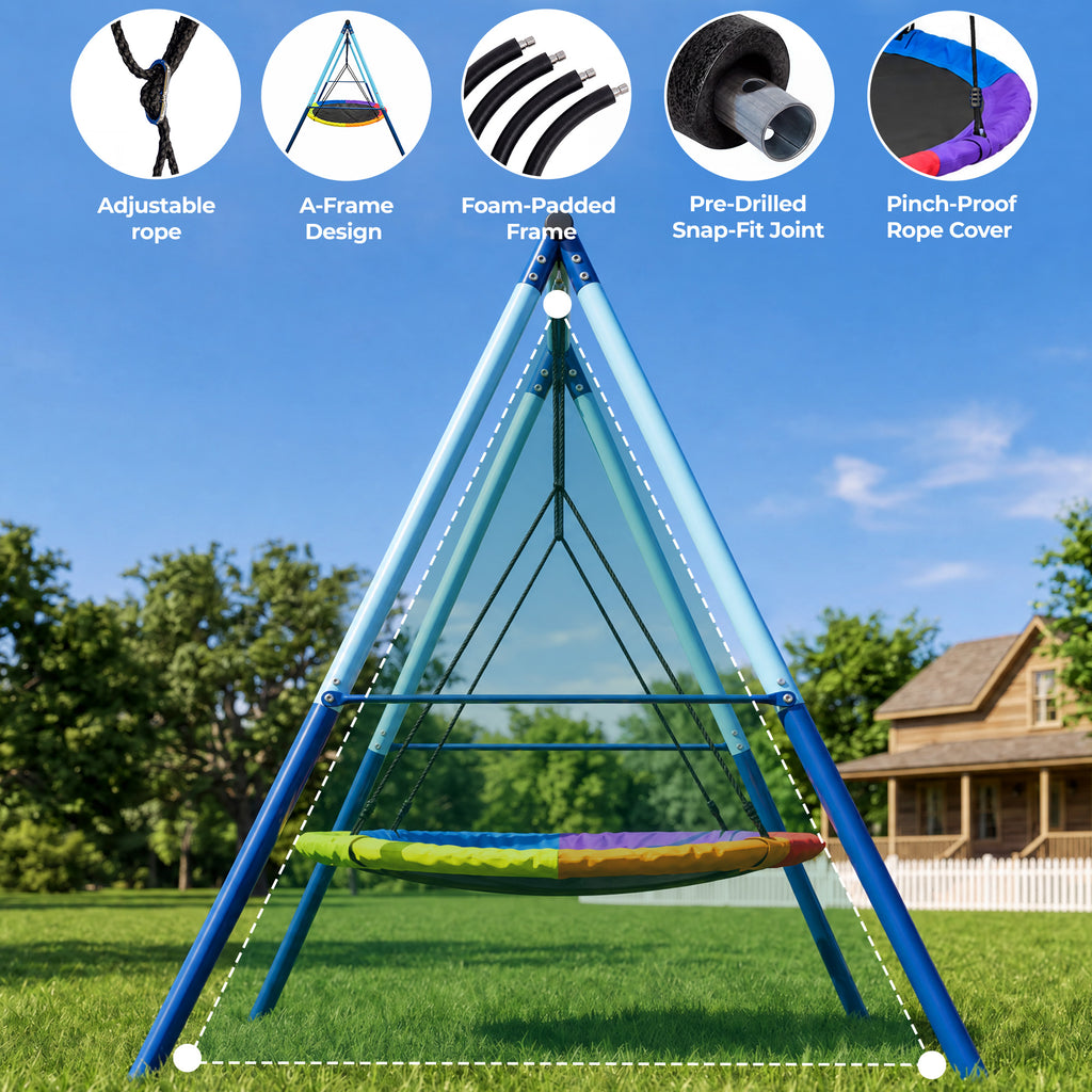 Mersco 60" Saucer Swing with Stand for Adults & Kids, Extra-Large Detachable Round Swing, 440 lbs Heavy-Duty A-Frame for Small Backyards & Camping,Blue