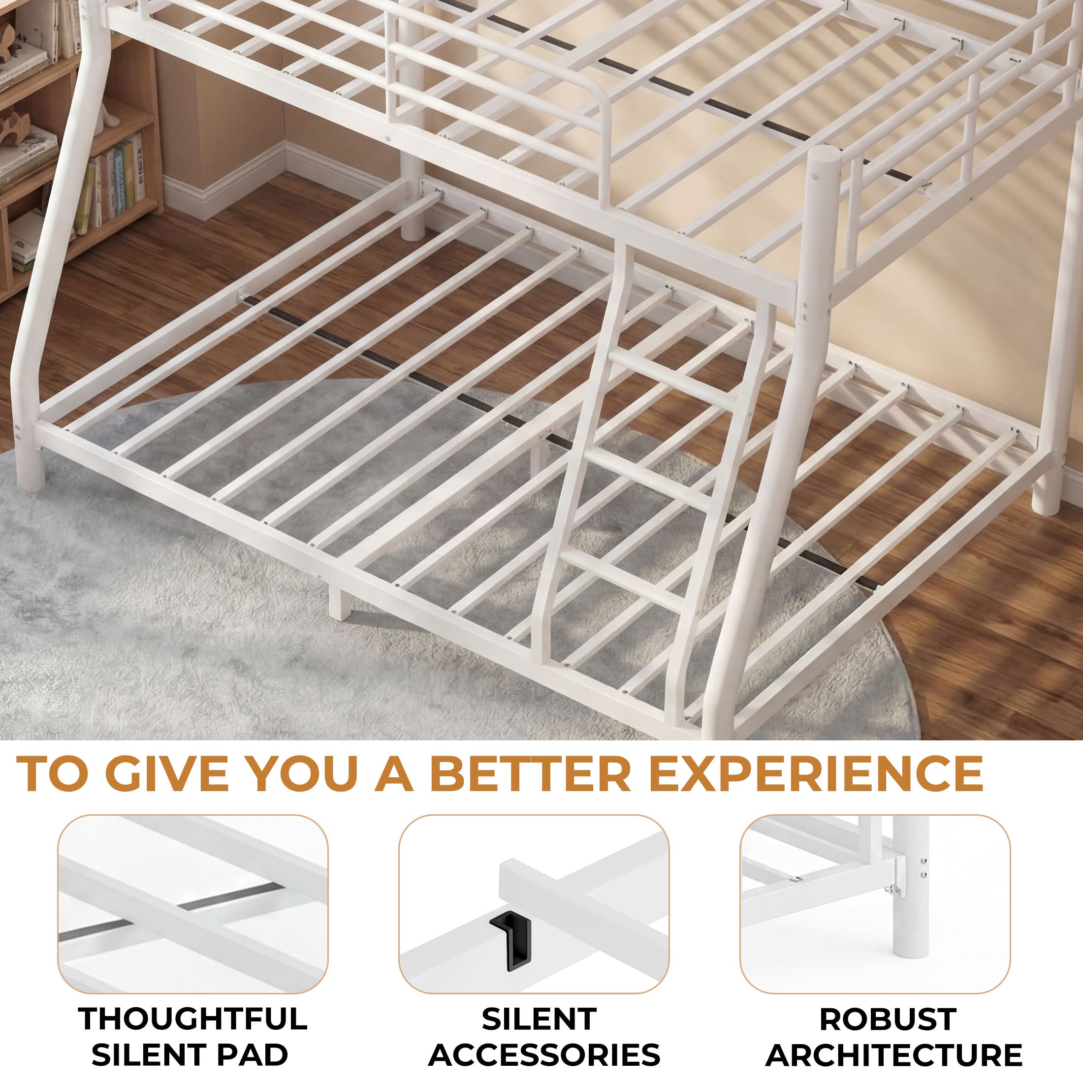 Kdymod Twin over Full Metal Low Bunk Bed with Stairs & Safety Guardrail, Includes 2 6" Memory Foam Mattresses, Space-Saving Heavy Duty Bed Frame for Adults & Teens, White
