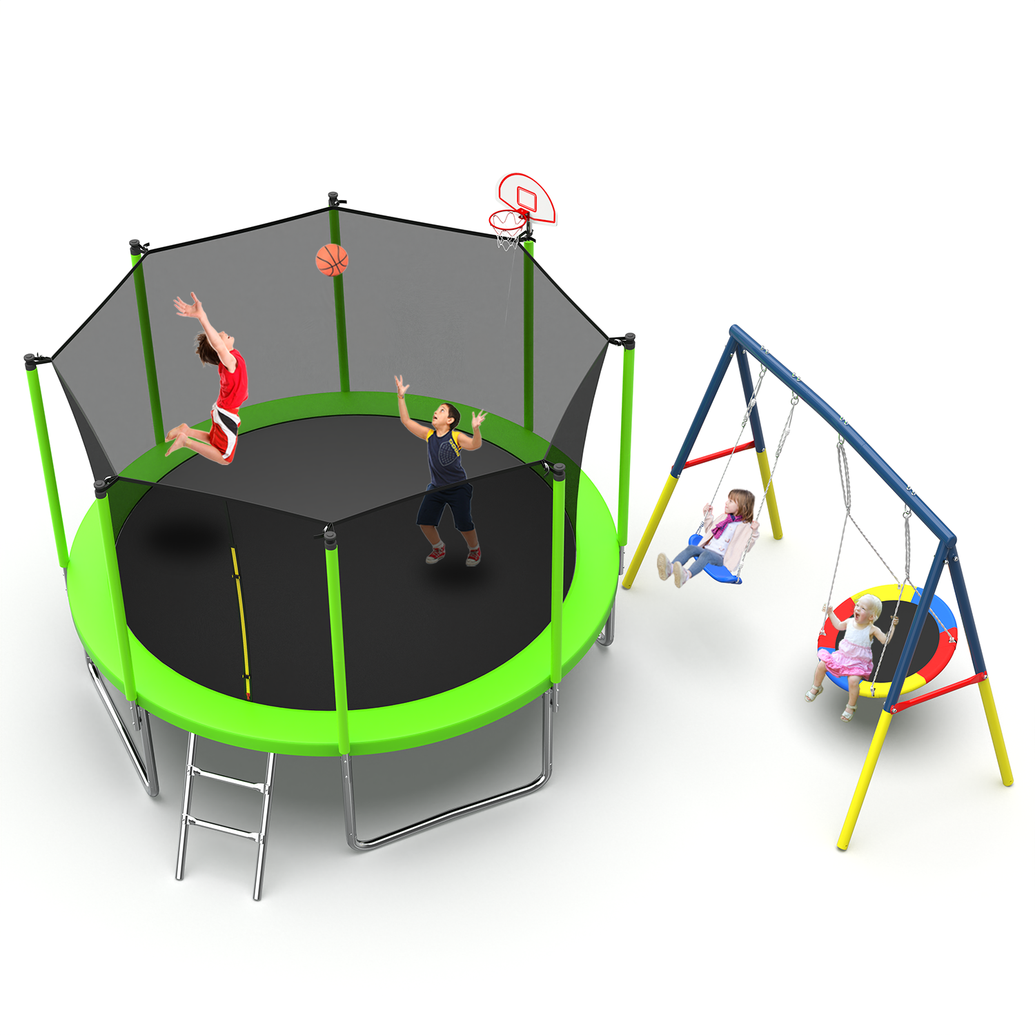 Mersco 12FT Heavy Duty Trampoline with Enclosure Net , Swing Set Outdoor Big Trampoline for Backyard,Kids Trampoline with Basketball Hoop,Birthday and Holiday Gifts for Kids,Green