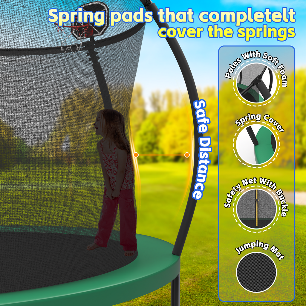 Mersco 10FT Heavy Duty Trampoline with Enclosure Net , Swing Set Outdoor Big Trampoline for Backyard, Kids Trampoline with Basketball Hoop, Kids Birthday and Festival Gifts,Green