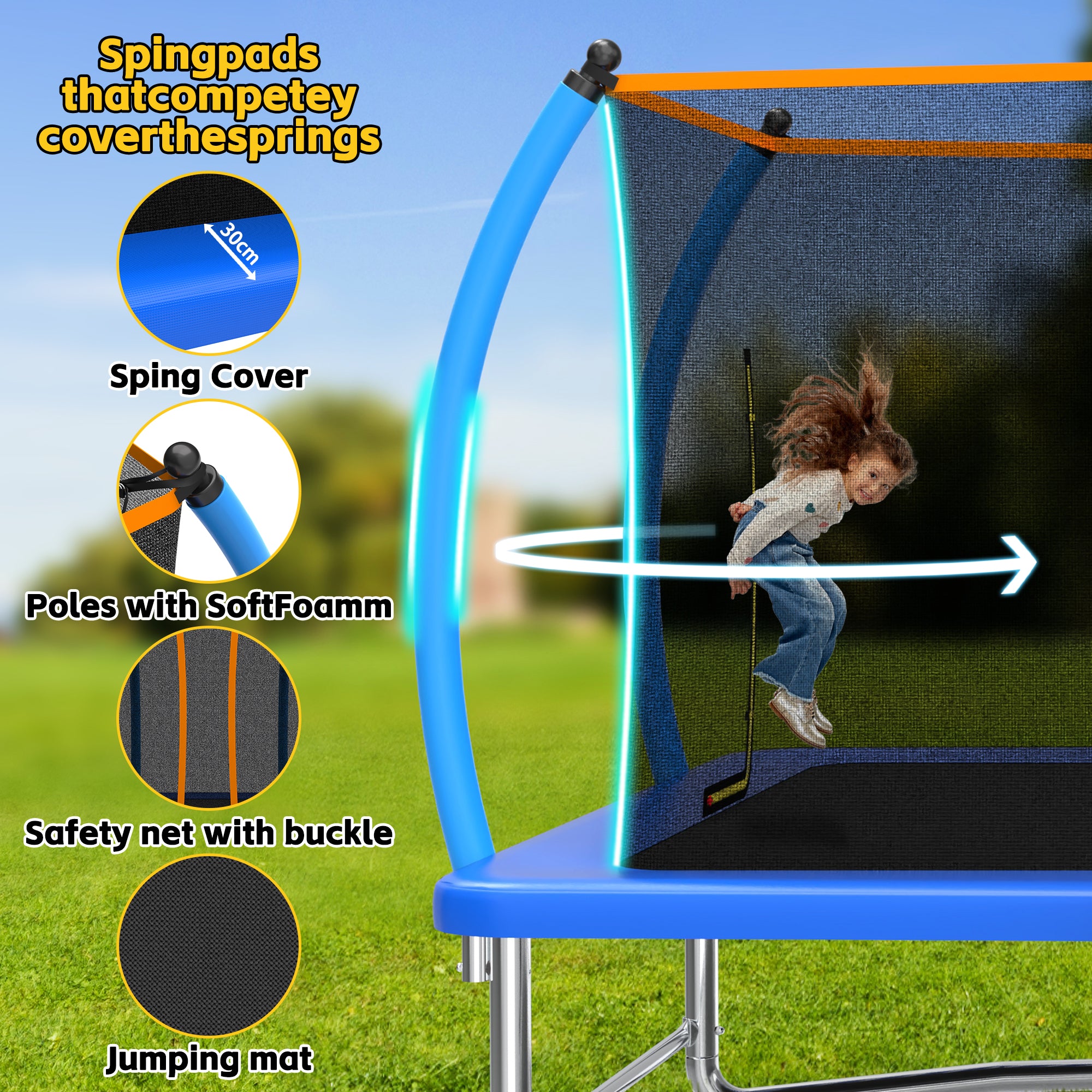 Mersco 8x14FT 4-in-1 Trampoline with Swing Set , Enclosure Net, Recreational Trampoline, Outdoor Kids and Adults Trampoline for Backyard, Beach, Birthday Gifts,Blue