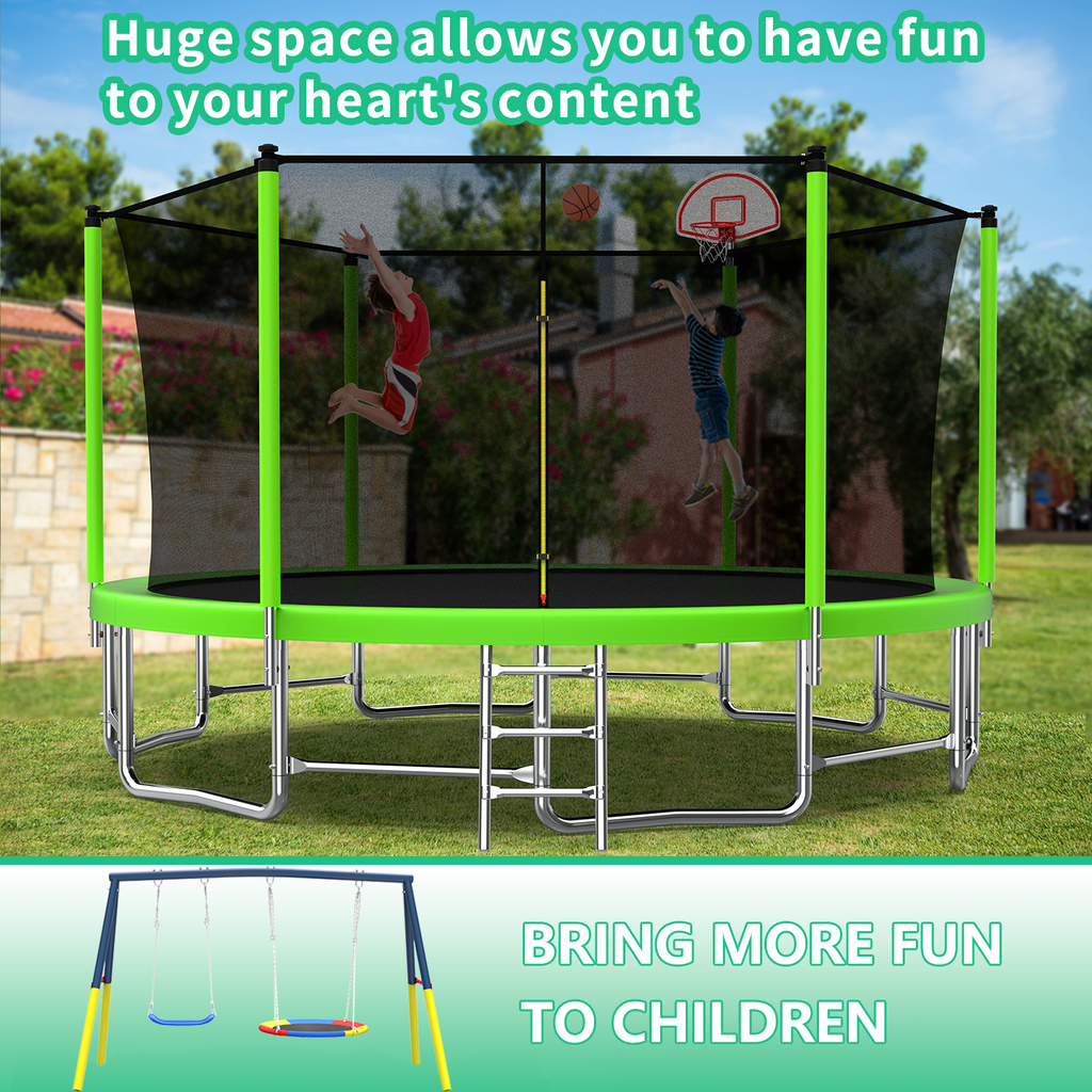 Mersco 15FT Heavy Duty Trampoline with Enclosure Net , Swing Set Outdoor Big Trampoline for Backyard,Kids Trampoline with Basketball Hoop,Birthday and Holiday Gifts for Kids,Green