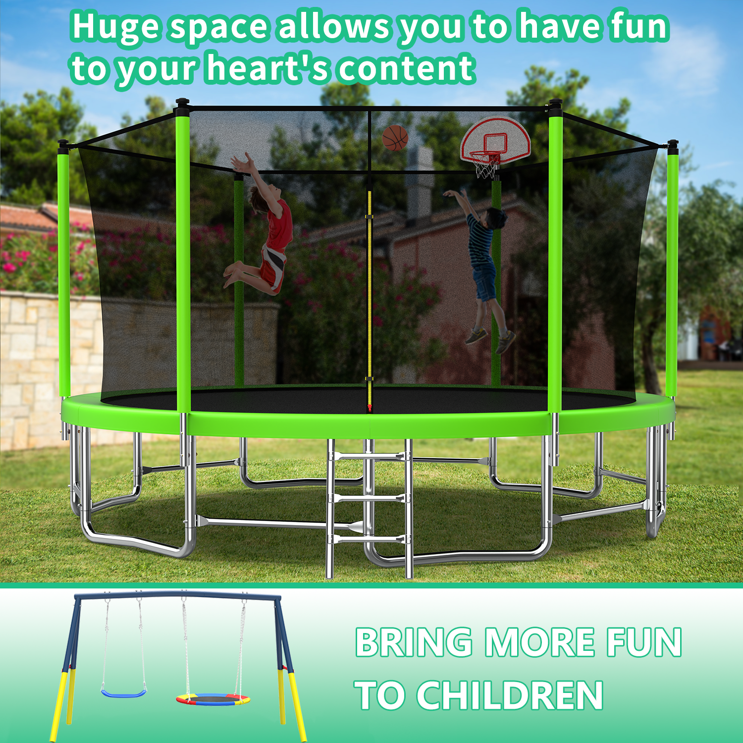 Mersco 15FT Heavy Duty Trampoline with Enclosure Net , Swing Set Outdoor Big Trampoline for Backyard,Kids Trampoline with Basketball Hoop,Birthday and Holiday Gifts for Kids,Green