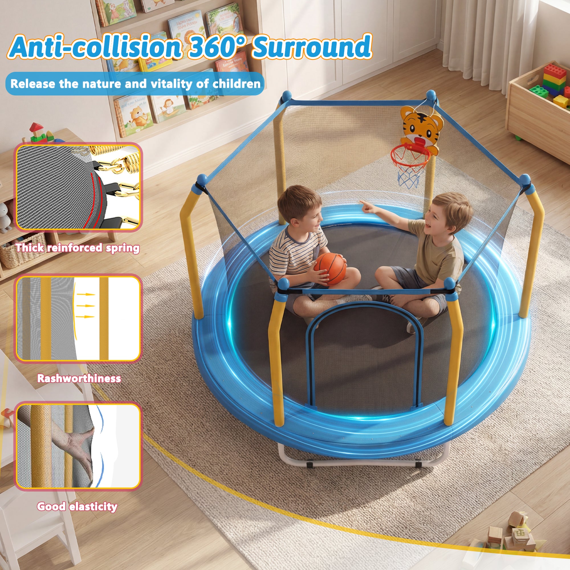 Mersco 55inch Kids Trampoline for Toddlers, Indoor and Outdor Toddler Trampoline with Safety Net, Mini Small Children Trampolines with Basketball Hoop,Baby Toys Gifts for Boys Girls, Birthday, Blue