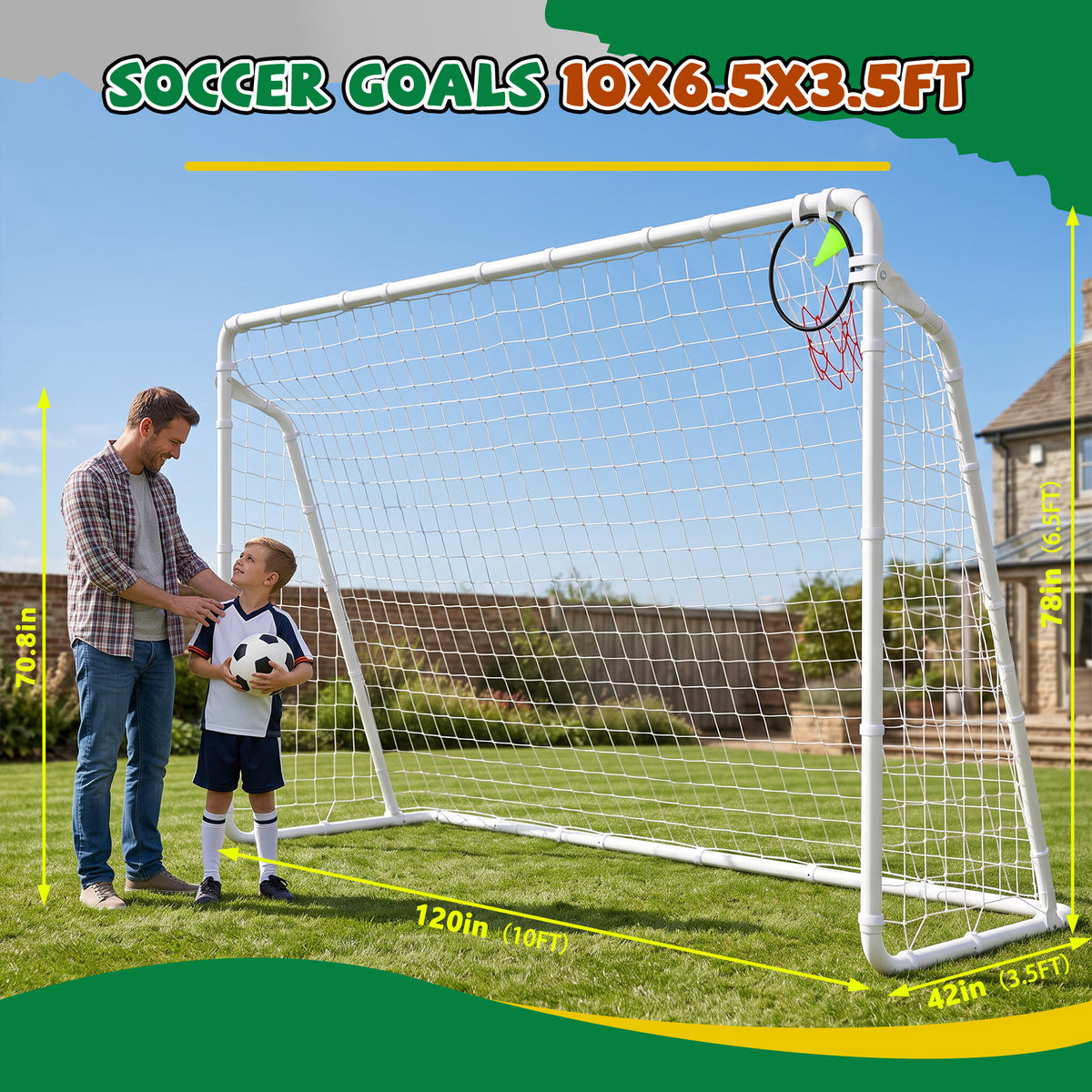 Mersco 10.5x6 FT Soccer Goal for Backyard,Heavy-Duty Metal Soccer Net,Outdoor Soccer Equipment Set, with 6 Soccer Cones & 5 Stakes, Soccer Goal for Kids and Adults,White