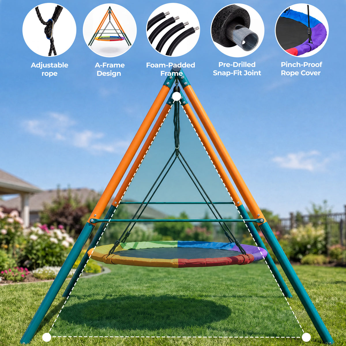 Mersco 60" Saucer Swing with Stand for Adults & Kids, Extra-Large Detachable Round Swing, 440 lbs Heavy-Duty A-Frame for Small Backyards & Camping,Green
