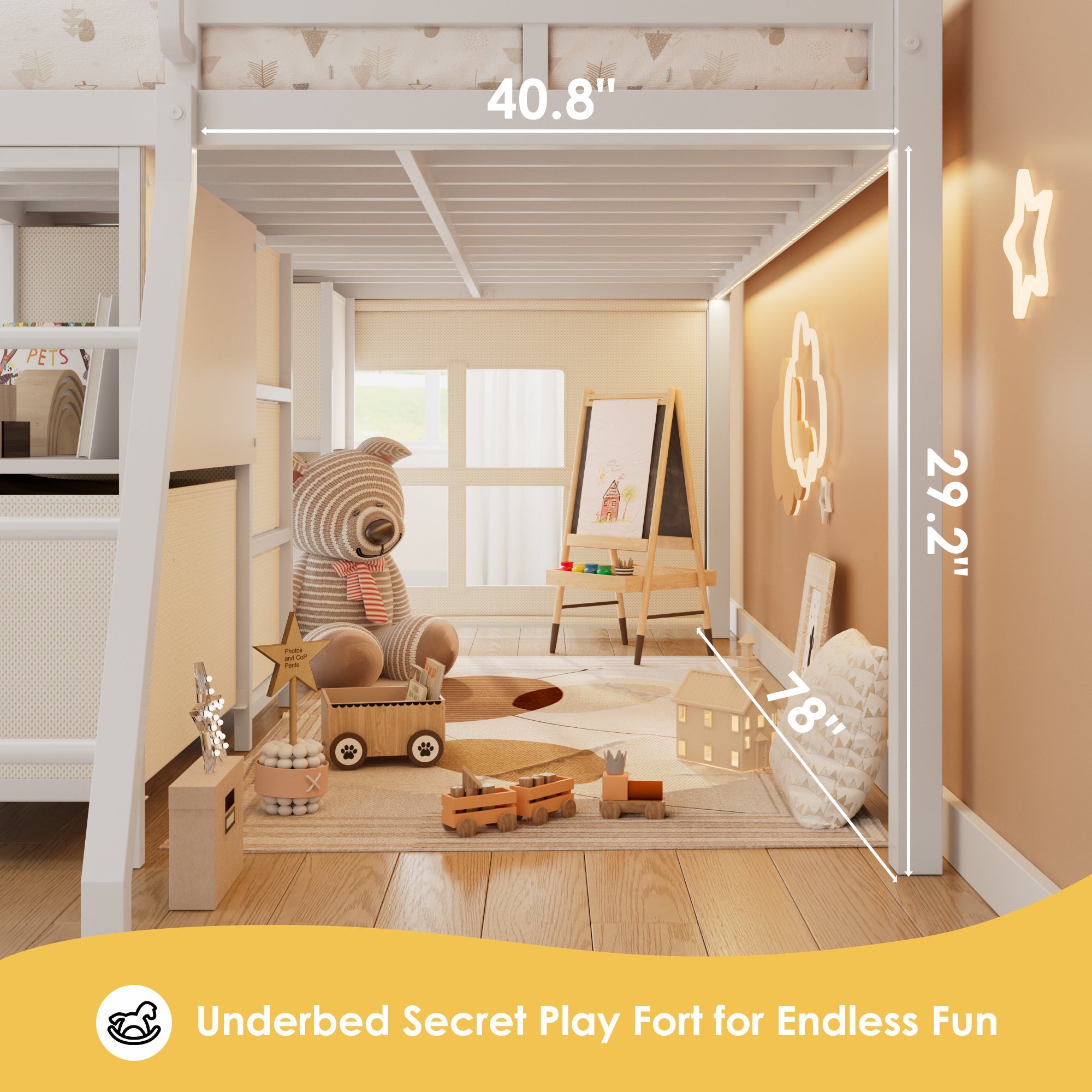 Kdymod Twin Loft Bed with 6 Storage Drawers & Shelf, Loft Bed with LED Lights & Play Curtain, Metal Loft Bed Frame with Ladder & Safety Guardrail, White