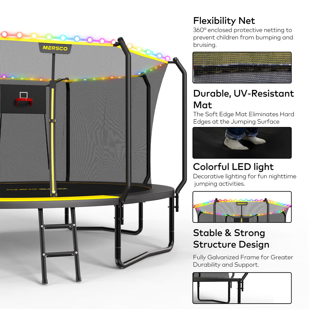 Mersco 8FT Kids Trampoline with Solar LED Lights & Basketball Hoop, ASTM Certified Heavy Duty Outdoor Trampoline with Enclosure Net and Ladder for Backyard Family Fun, Jumping Trampoline SUPER