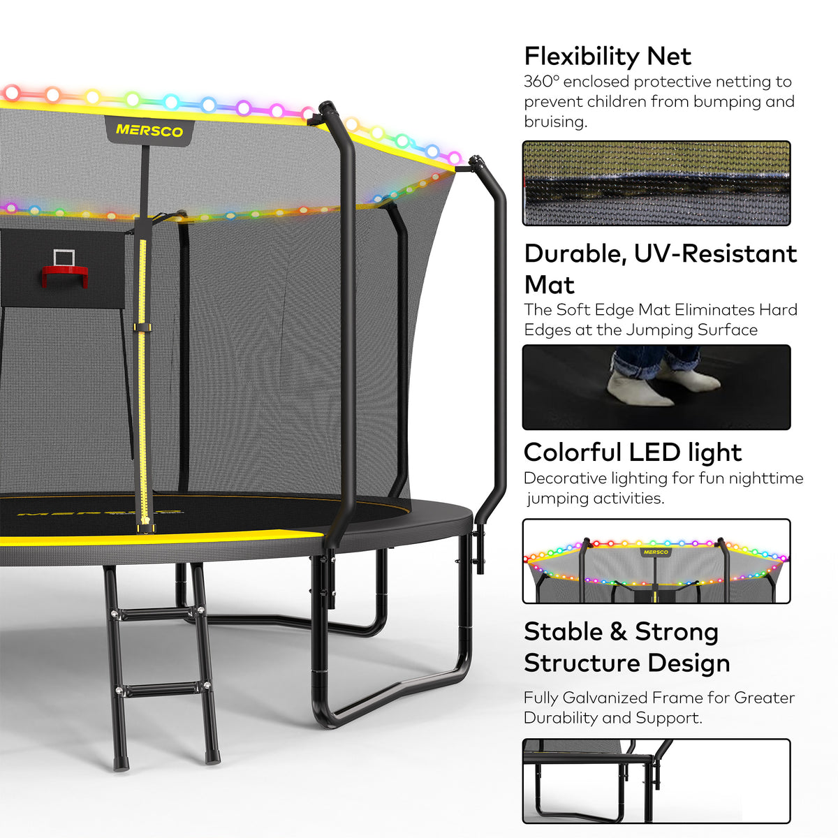 Mersco 8FT Kids Trampoline with Solar LED Lights & Basketball Hoop, ASTM Certified Heavy Duty Outdoor Trampoline with Enclosure Net and Ladder for Backyard Family Fun, Jumping Trampoline SUPER