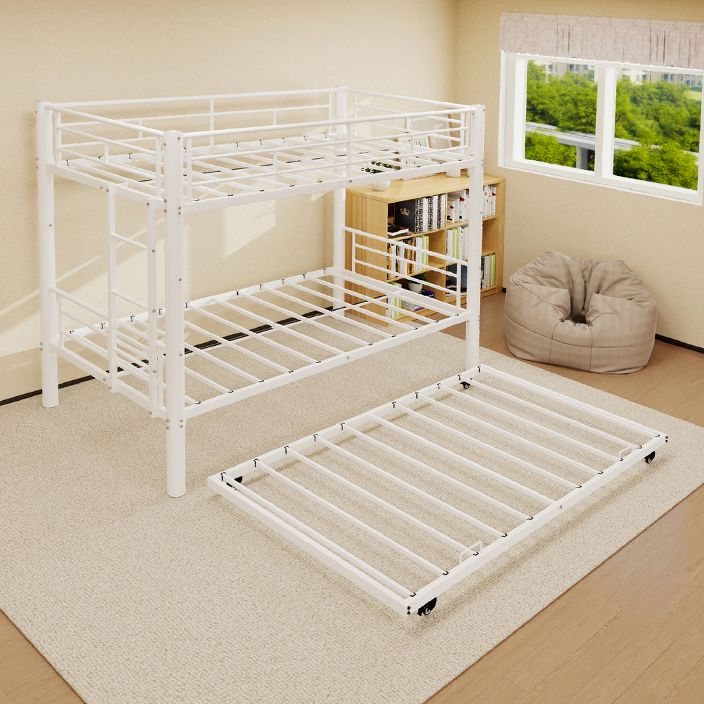 Kdymod Triple Bunk Bed Twin over Twin with Trundle, Includes 3 Twin Size 6" Green Tea Memory Foam Mattresses, Convertible Metal Frame with Ladder and Guardrail, for Teens and Adults, White
