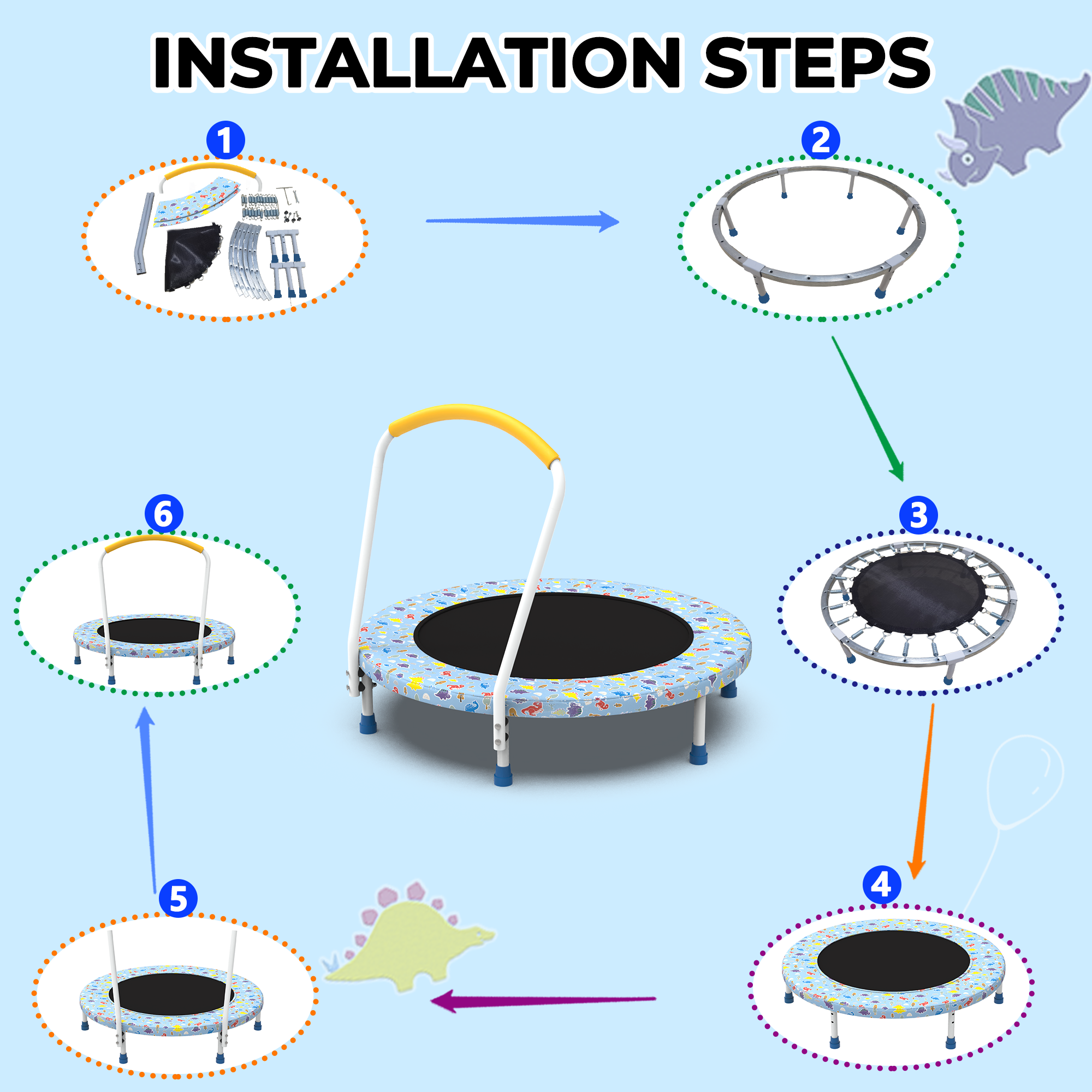 Mersco 36" Trampoline for Kids Indoor Trampoline with Handle for 2+ Years Kids Print Blue