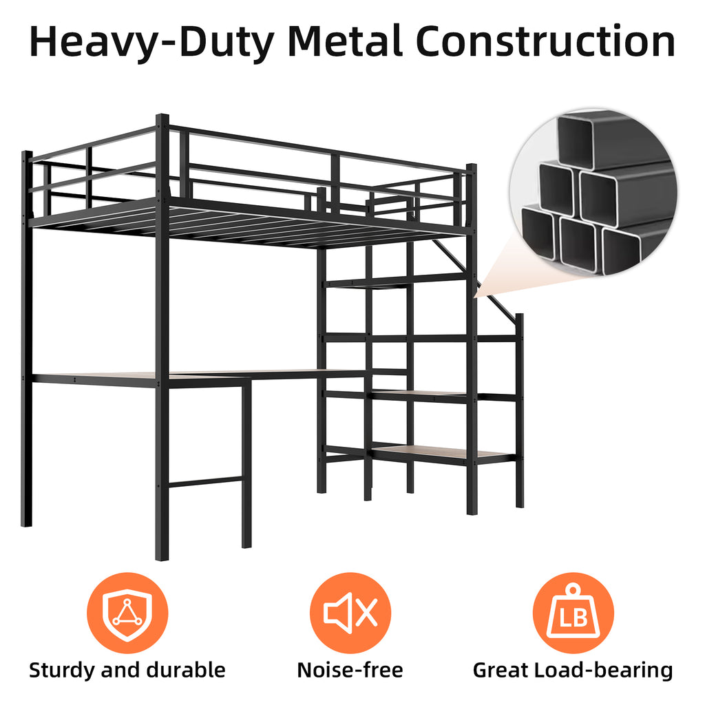 Uiowio Twin Loft Bed with L-Shaped Desk & Large Storage, Space-Saving Loft Bed Frame with Stairs & Continuous Guard Railing, Black