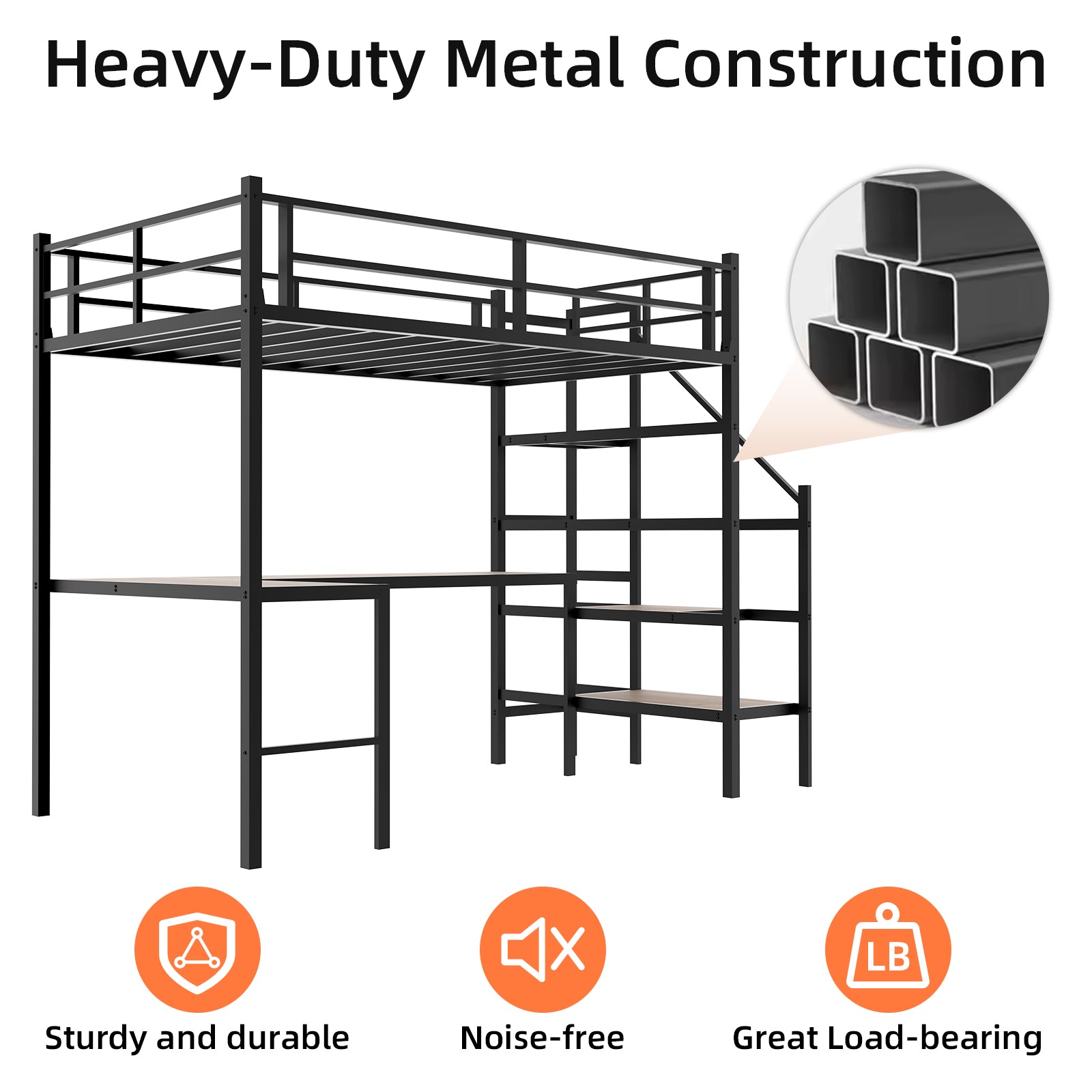 Uiowio Twin Loft Bed with L-Shaped Desk & Large Storage, Space-Saving Loft Bed Frame with Stairs & Continuous Guard Railing, Black