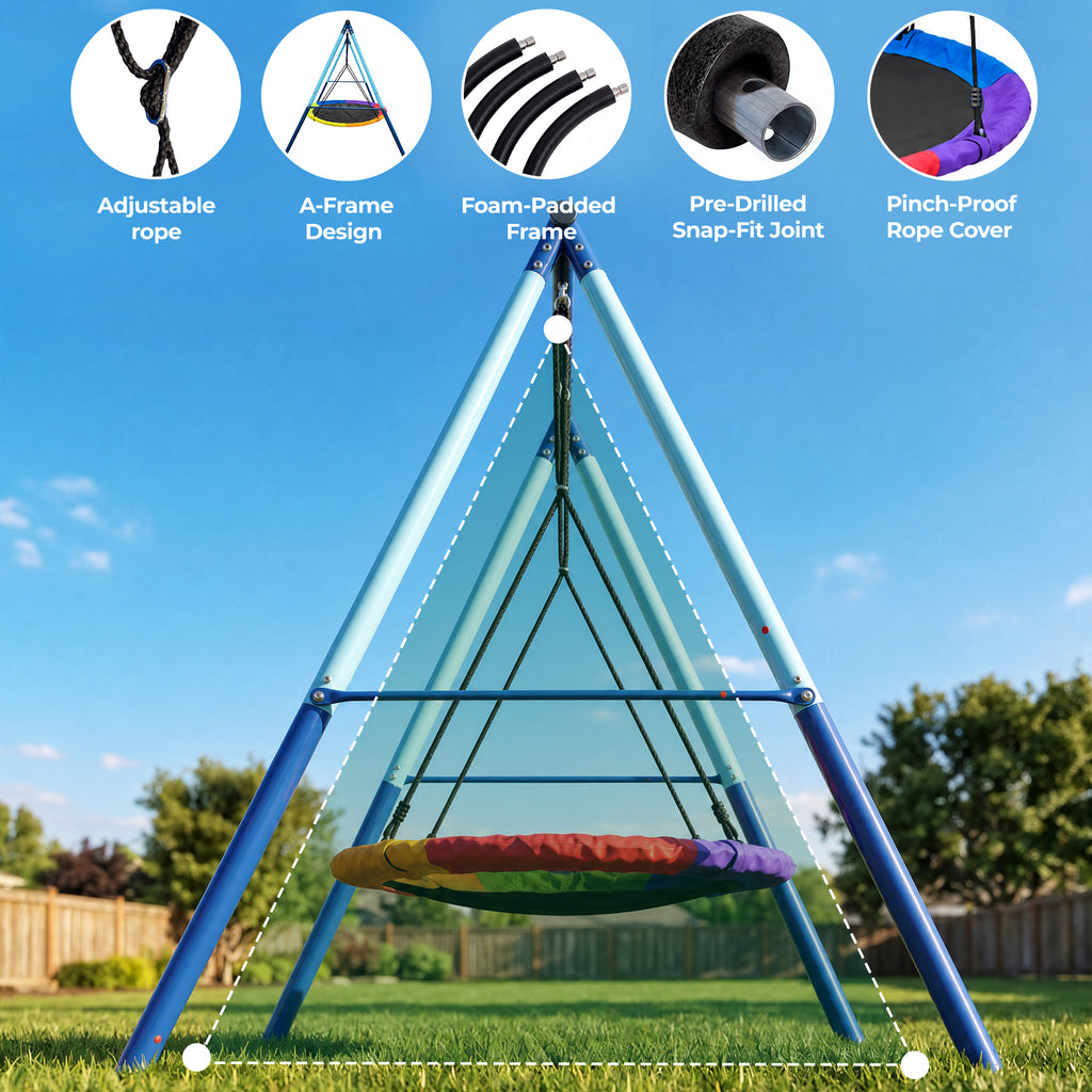 Mersco 48"Swing Set for Backyard with Stand,440 LBS Saucer Swing for Kids Outdoor with Heavy-Duty Metal Frame & Adjustable Ropes Round Swing,Blue