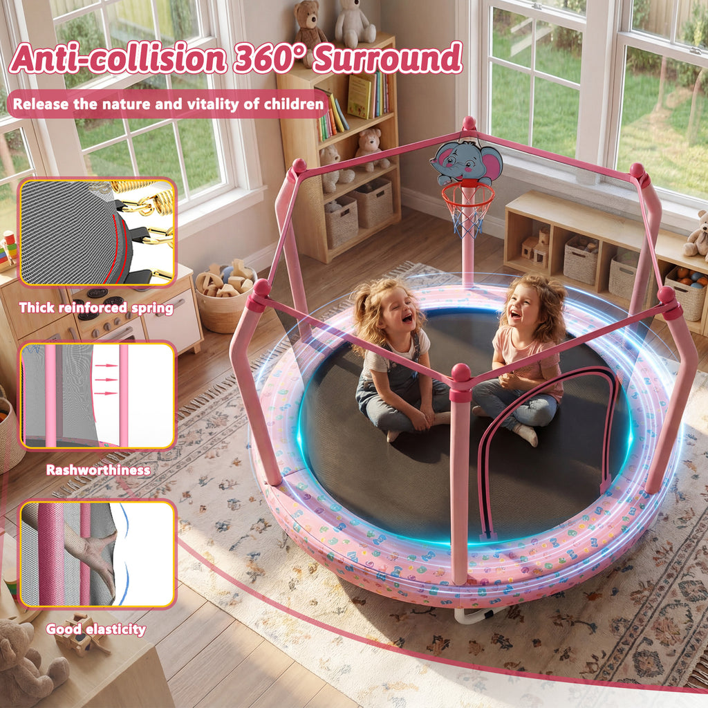 Mersco 55inch Toddler Trampoline, Mini Trampoline for Kids with Enclosure and Basketball Hoop,Indoor Outdoor Kids Trampoline Birthday Gifts, Pink