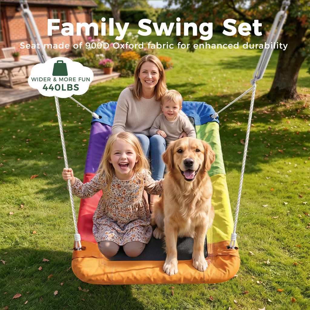 Kdymod 60 Inch Rectangular Platform Swing Set, PP + 900D Oxford Cushion, Metal A-Frame Swing for Backyard, 440 Lbs Capacity, Adjustable Ropes & Ground Nails, Green