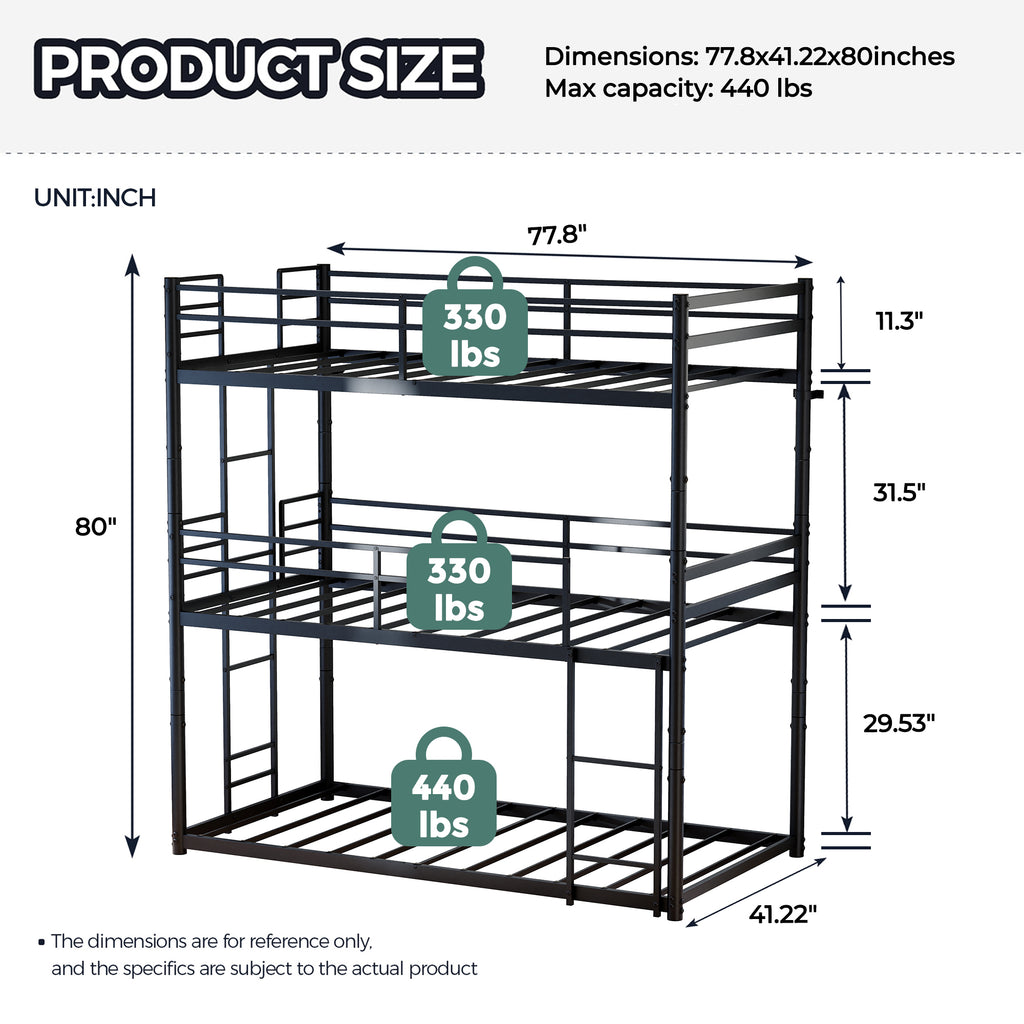 Kdymod Triple Bunk Bed Twin over Twin over Twin with 2 Ladders & Guardrails, Includes 3 Twin 6" Memory Foam Mattresses, Heavy Duty Detachable Metal Bed Frame, Converts to 3 Separate Beds